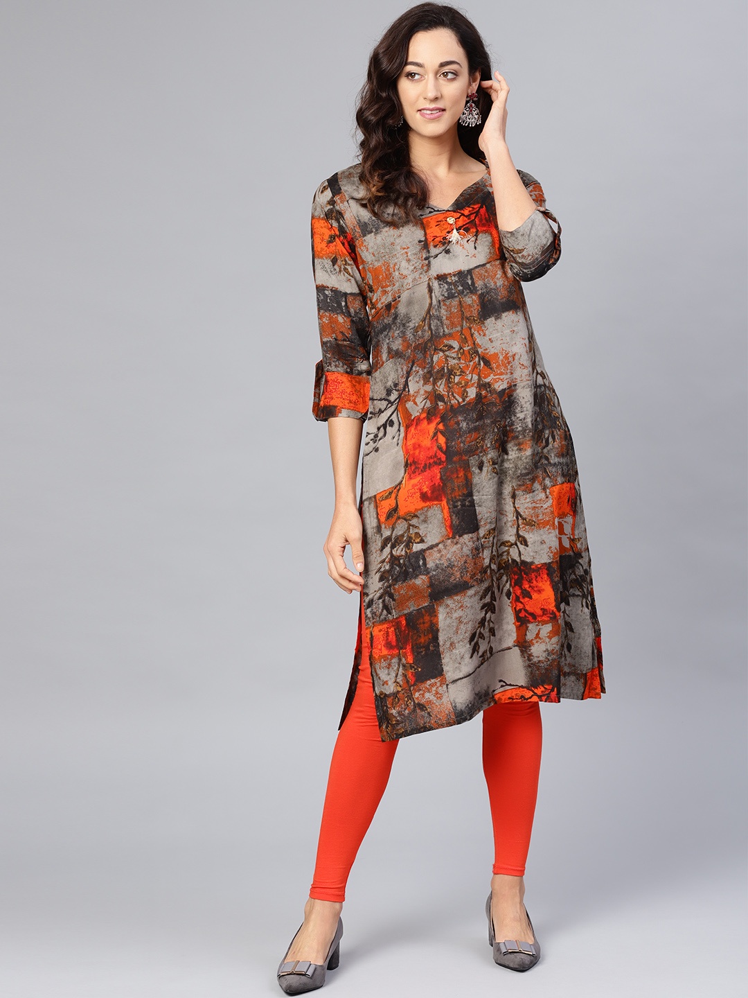 

Myshka Women Charcoal Grey & Orange Printed Straight Kurta