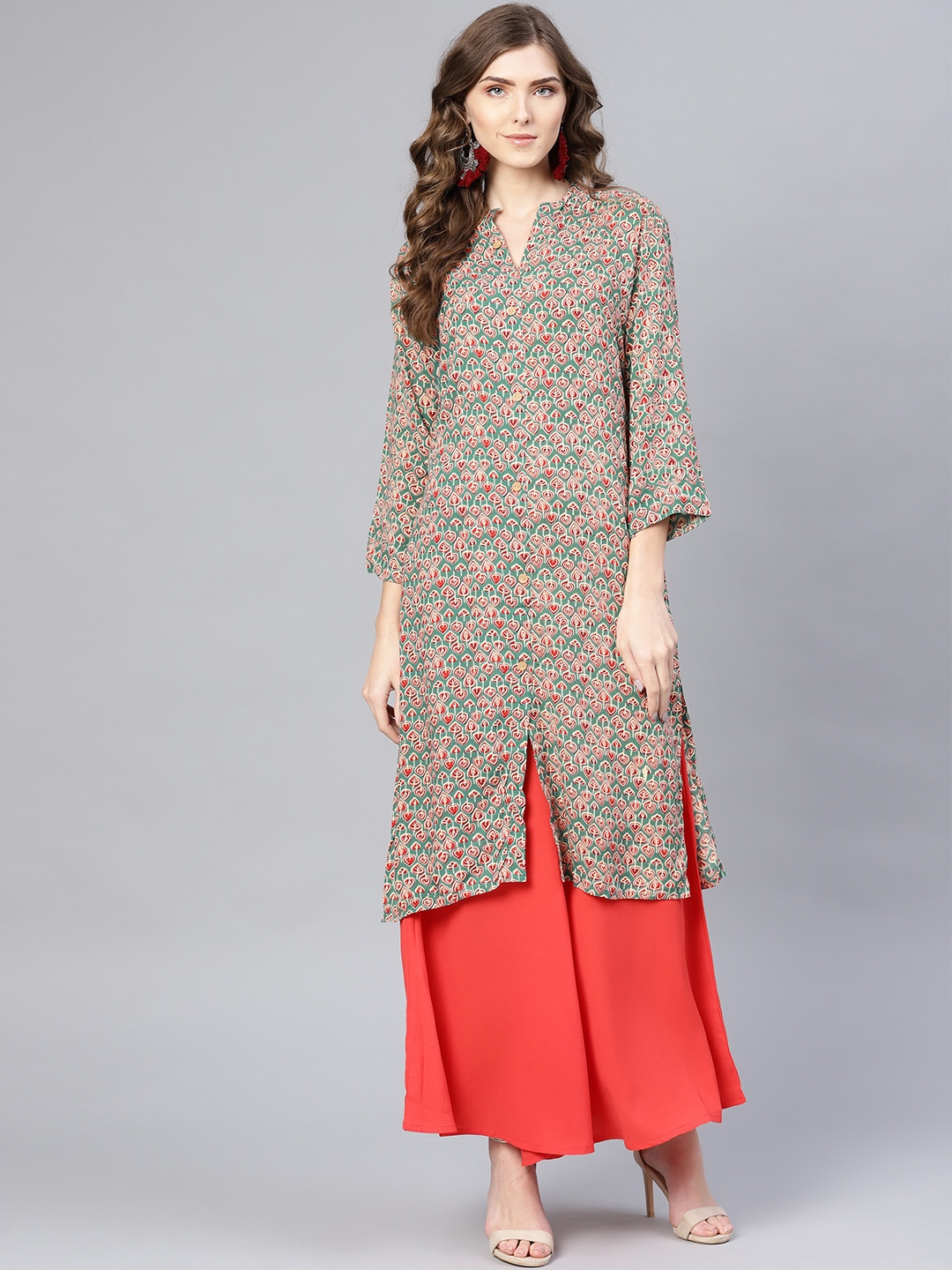 

Myshka Women Green & Beige Printed Straight Kurta
