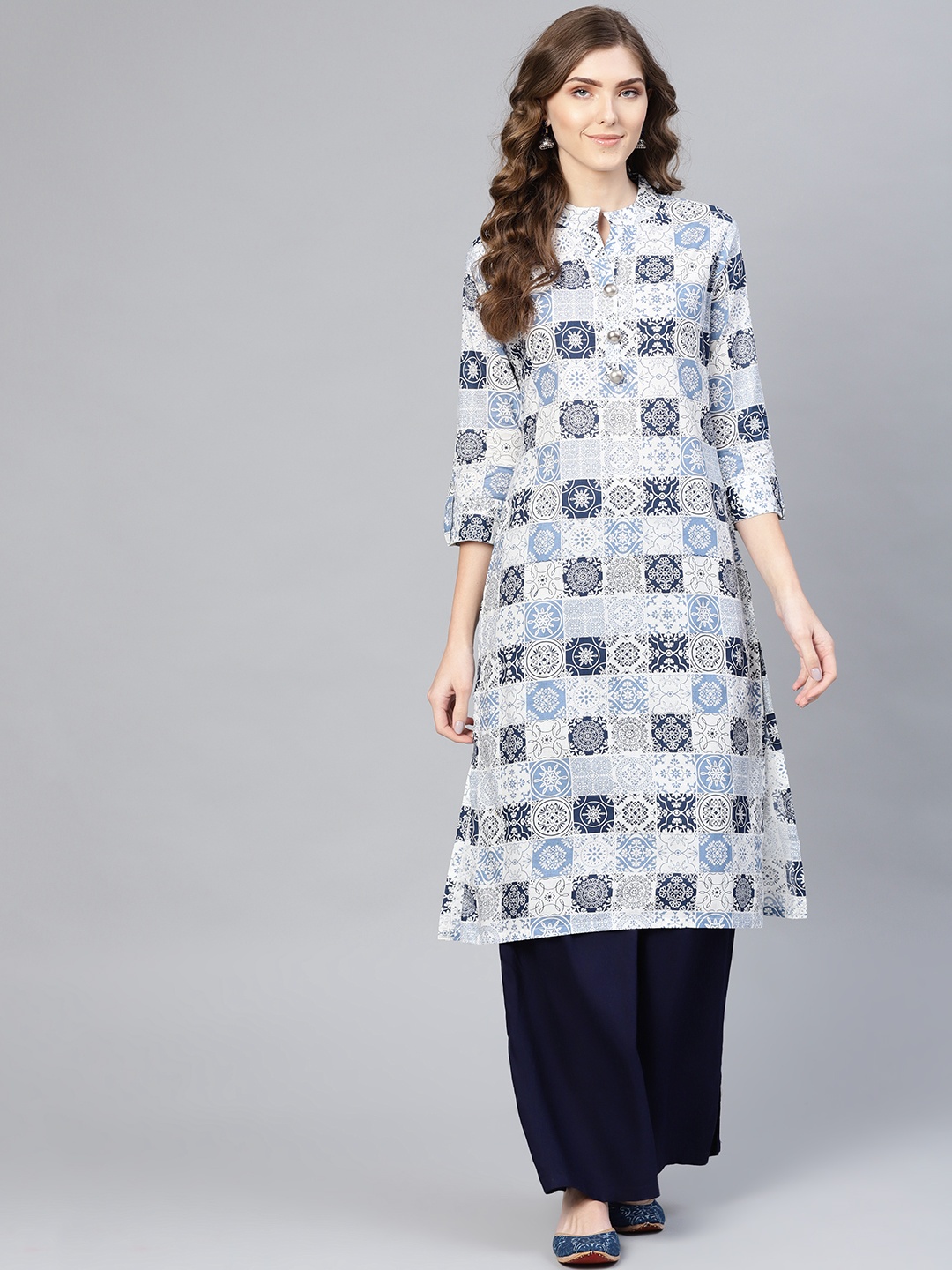 

Myshka Women White & Blue Printed Straight Kurta