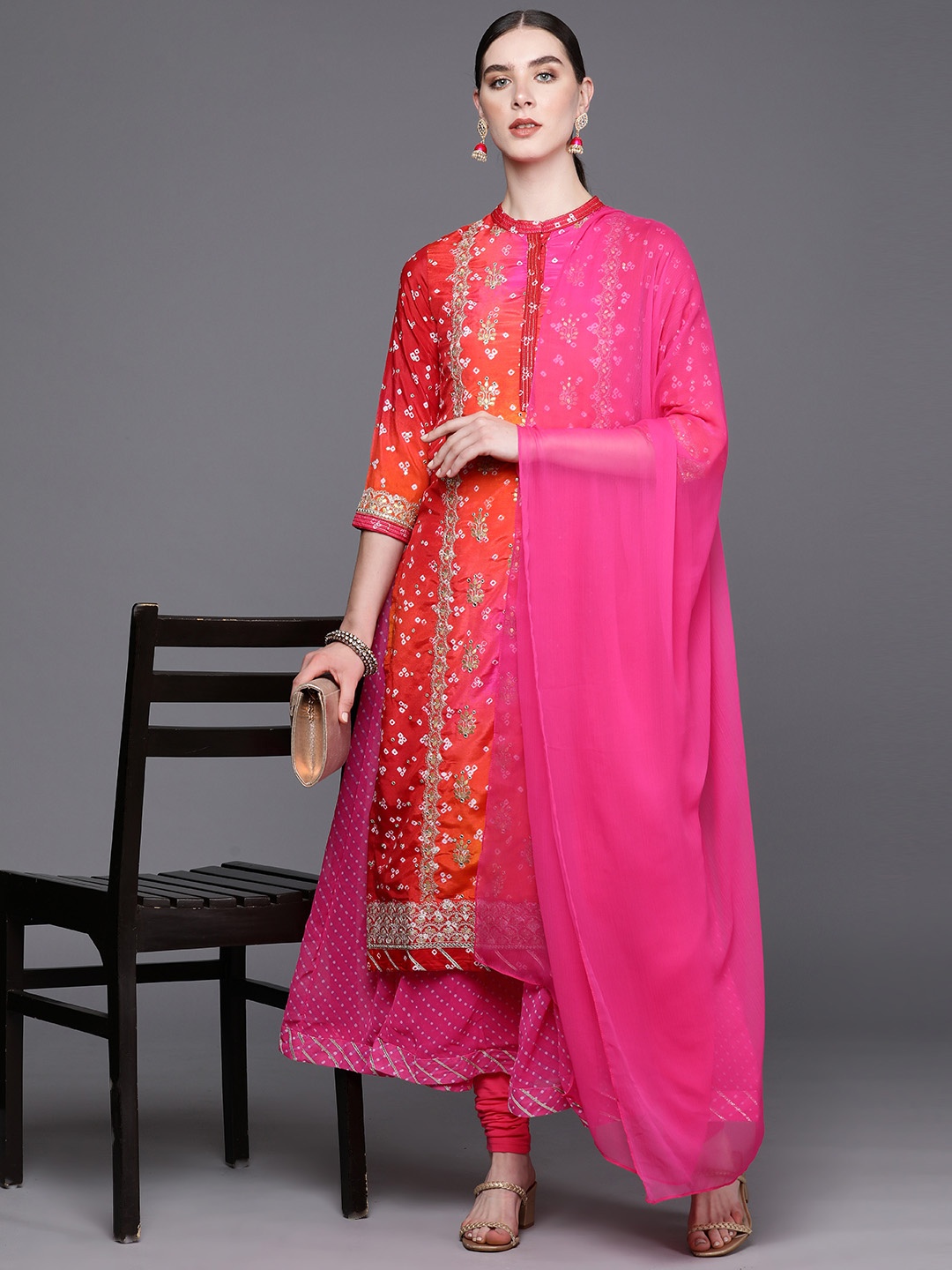 

Biba Bandhani Print Zari Embroidered Layered Kurta With Dupatta, Pink