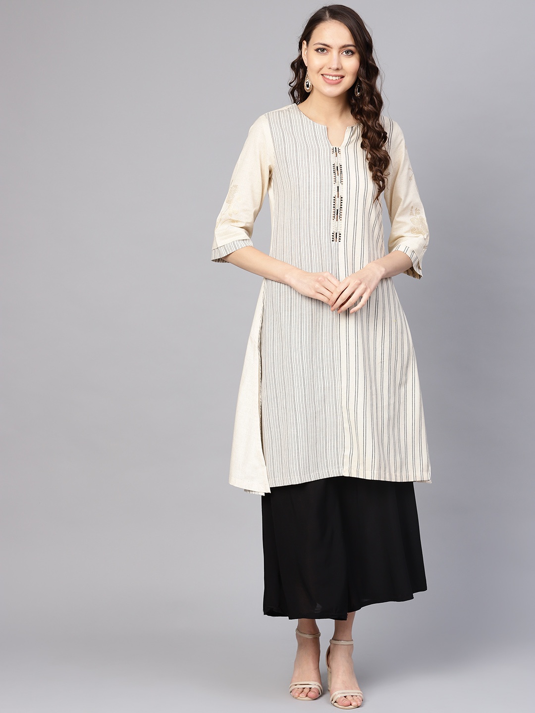 

Biba Women Off-White & Black Striped A-Line Kurta