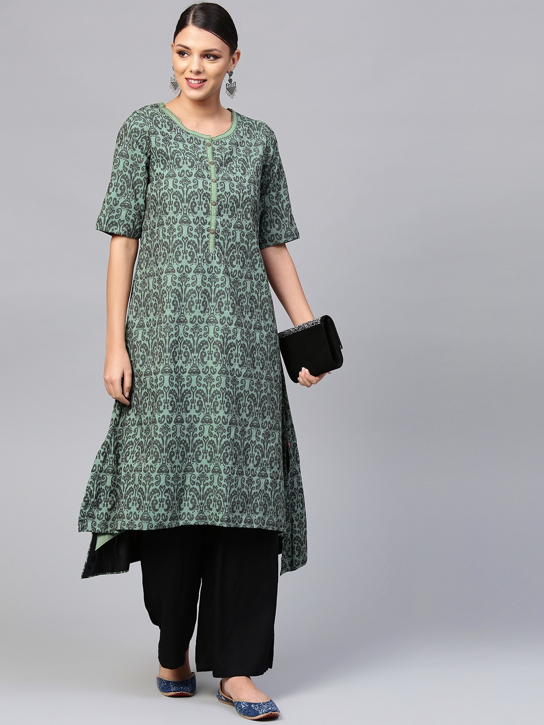 

Biba Women Green Woven Design A-Line Kurta