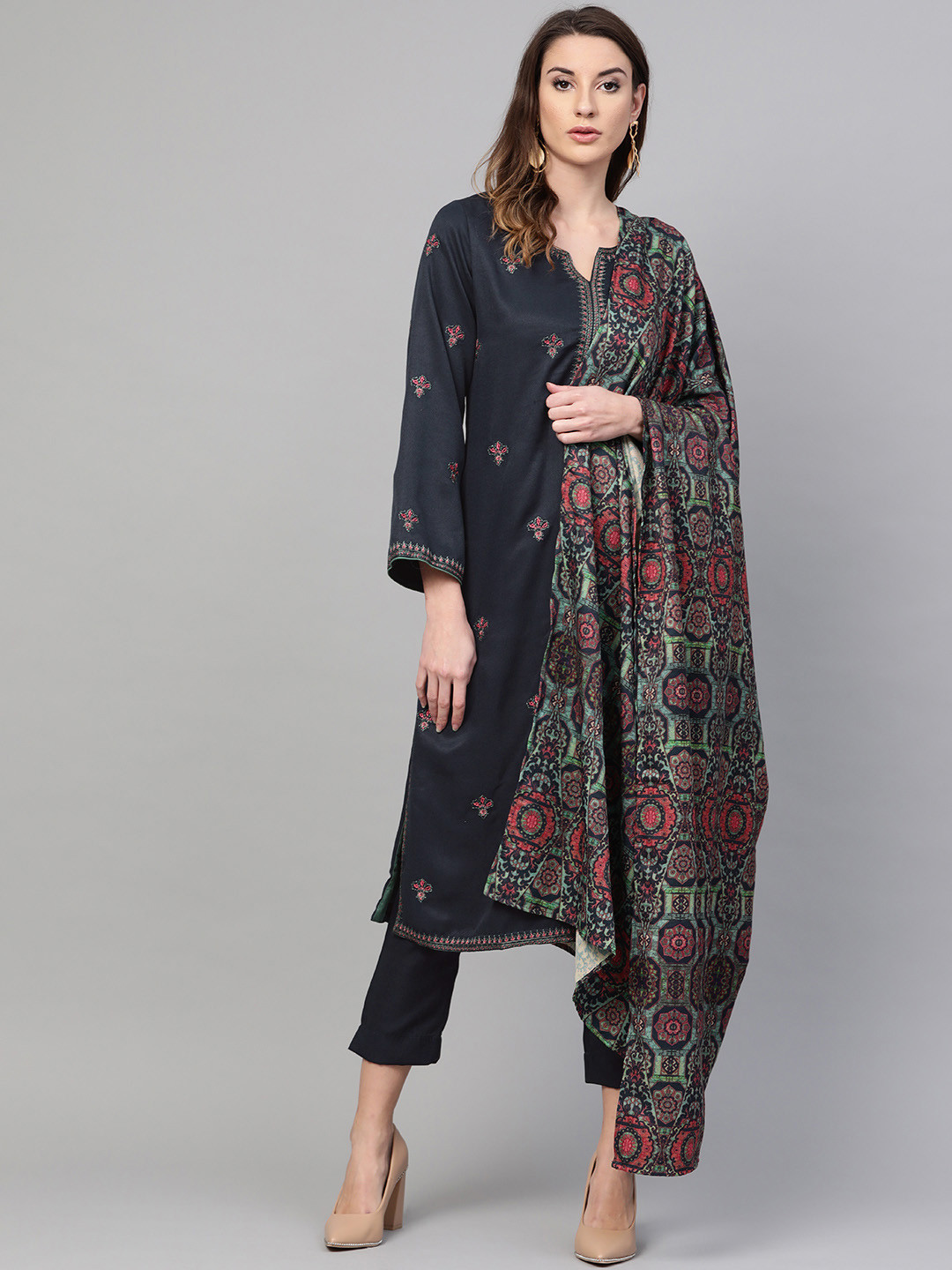 

Biba Women Navy Blue & Pink Embroidered Kurta with Trousers & Shawl