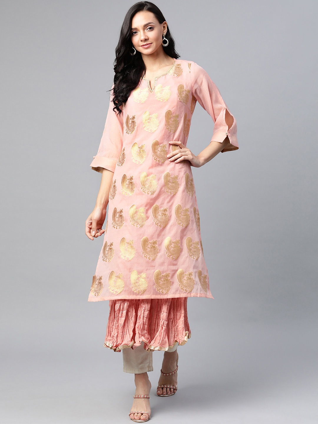 

Biba Women Peach-Coloured & Golden Solid A-Line Kurta with Woven Design Layer