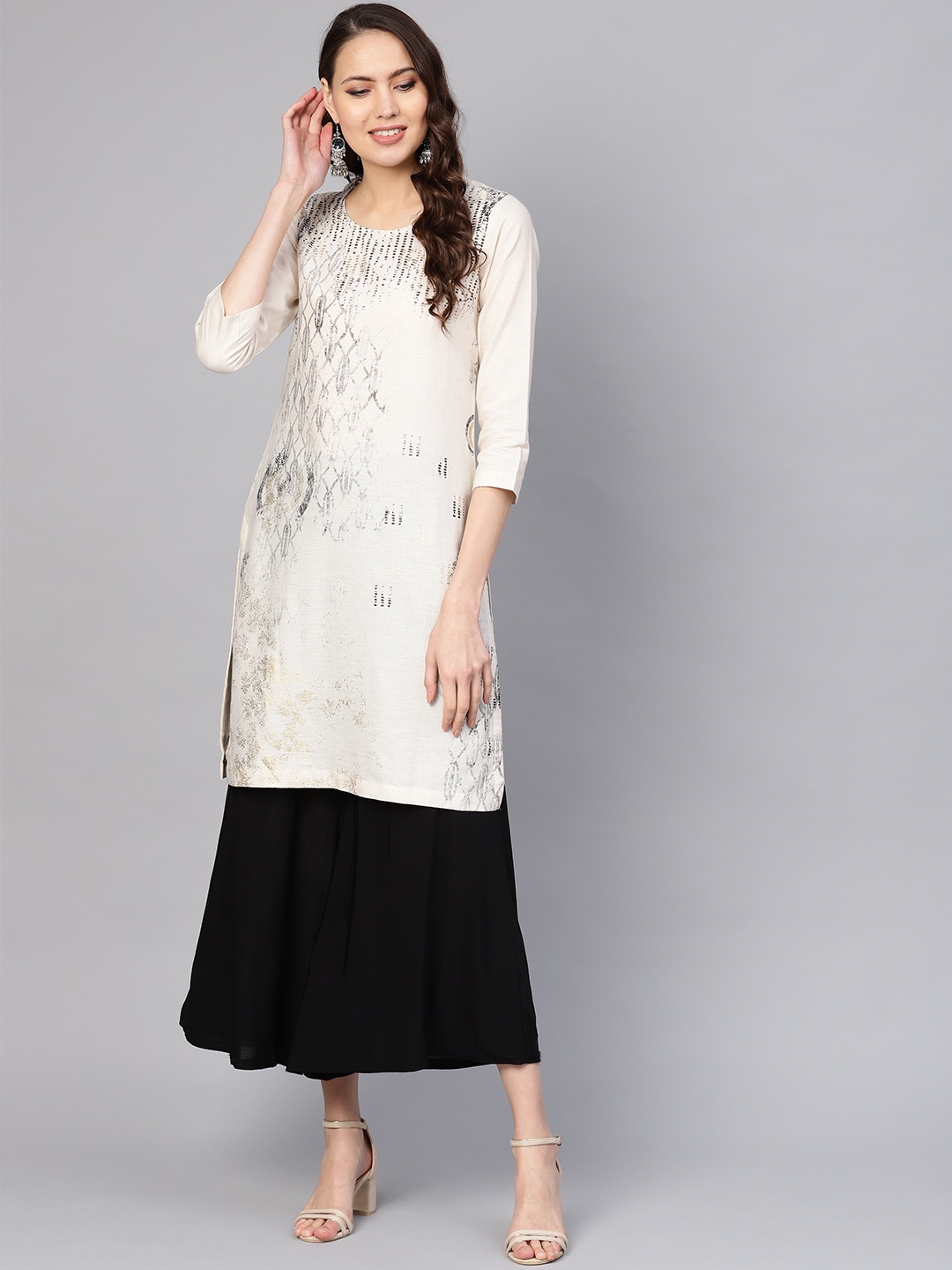 

Biba Women Beige & Black Printed Straight Kurta