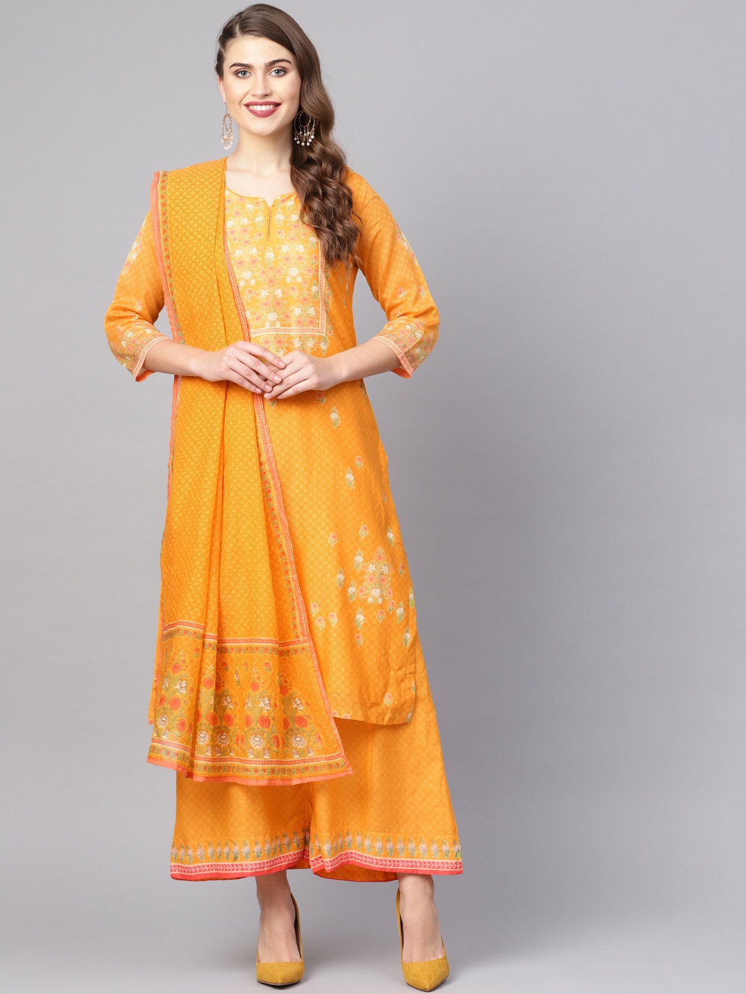 

Biba Women Yellow & Green Printed Kurta with Palazzos & Dupatta, Mustard