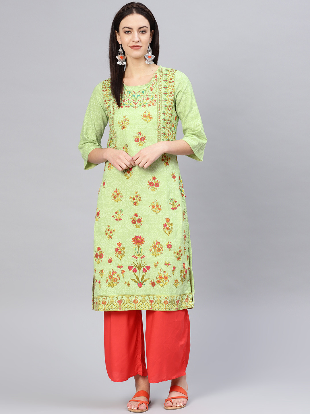 

Biba Women Green & Red Floral Print Straight Kurta
