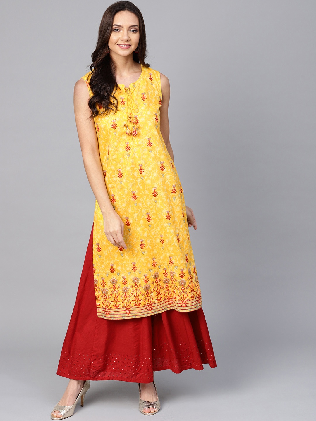 

Biba Women Yellow & Orange Printed Straight Kurta