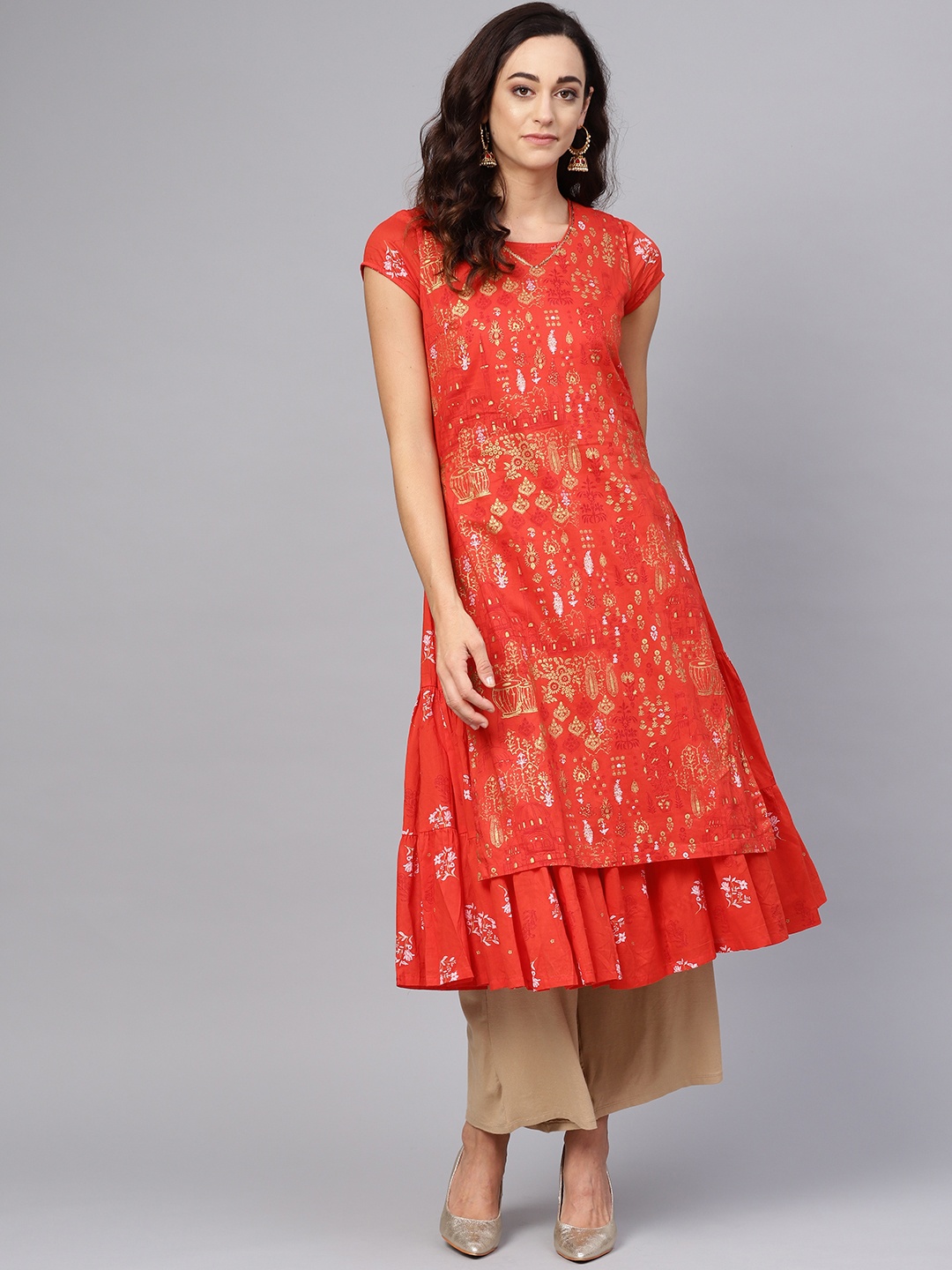 

Biba Women Orange & Golden Printed Layered Anarkali Kurta