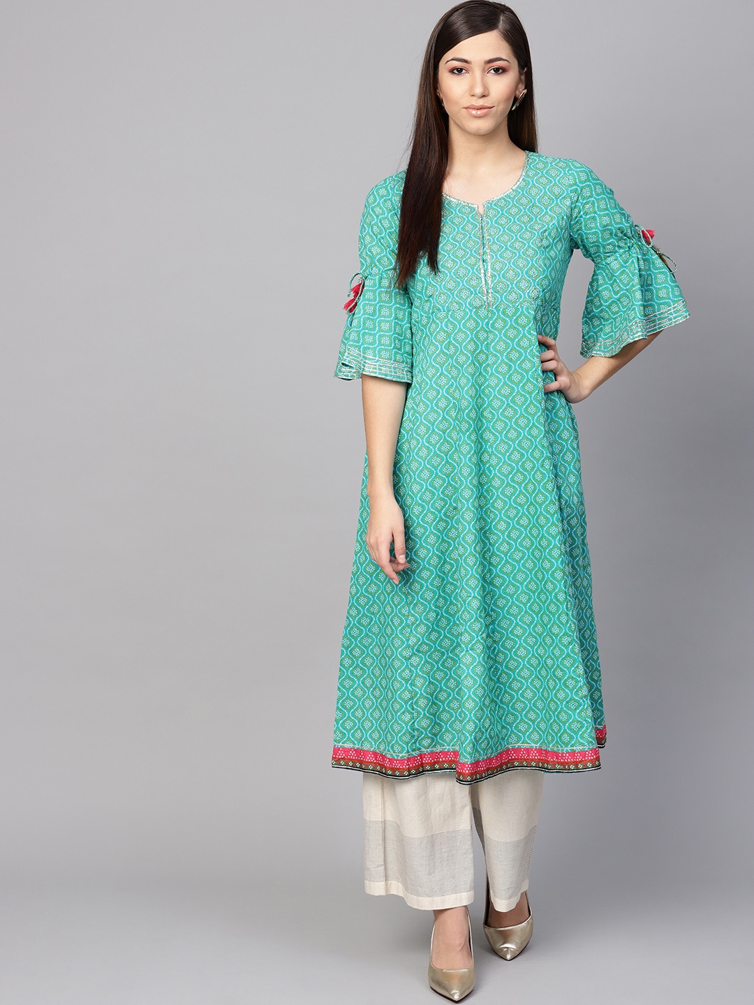 

Biba Women Green & Yellow Bandhani Print A-Line Kurta