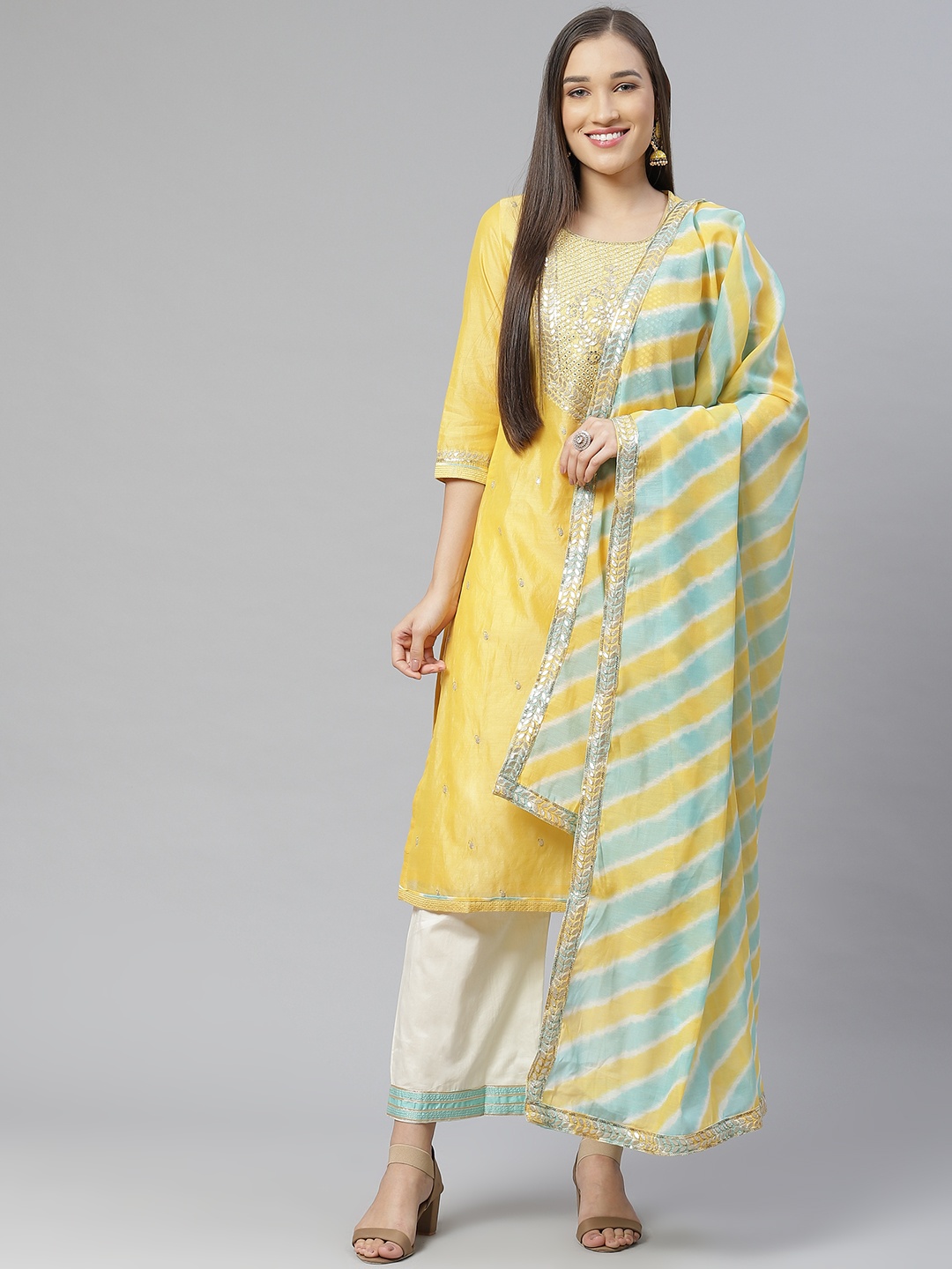 

Biba Women Mustard Yellow & Golden Embroidered Kurta with Palazzos & Dupatta