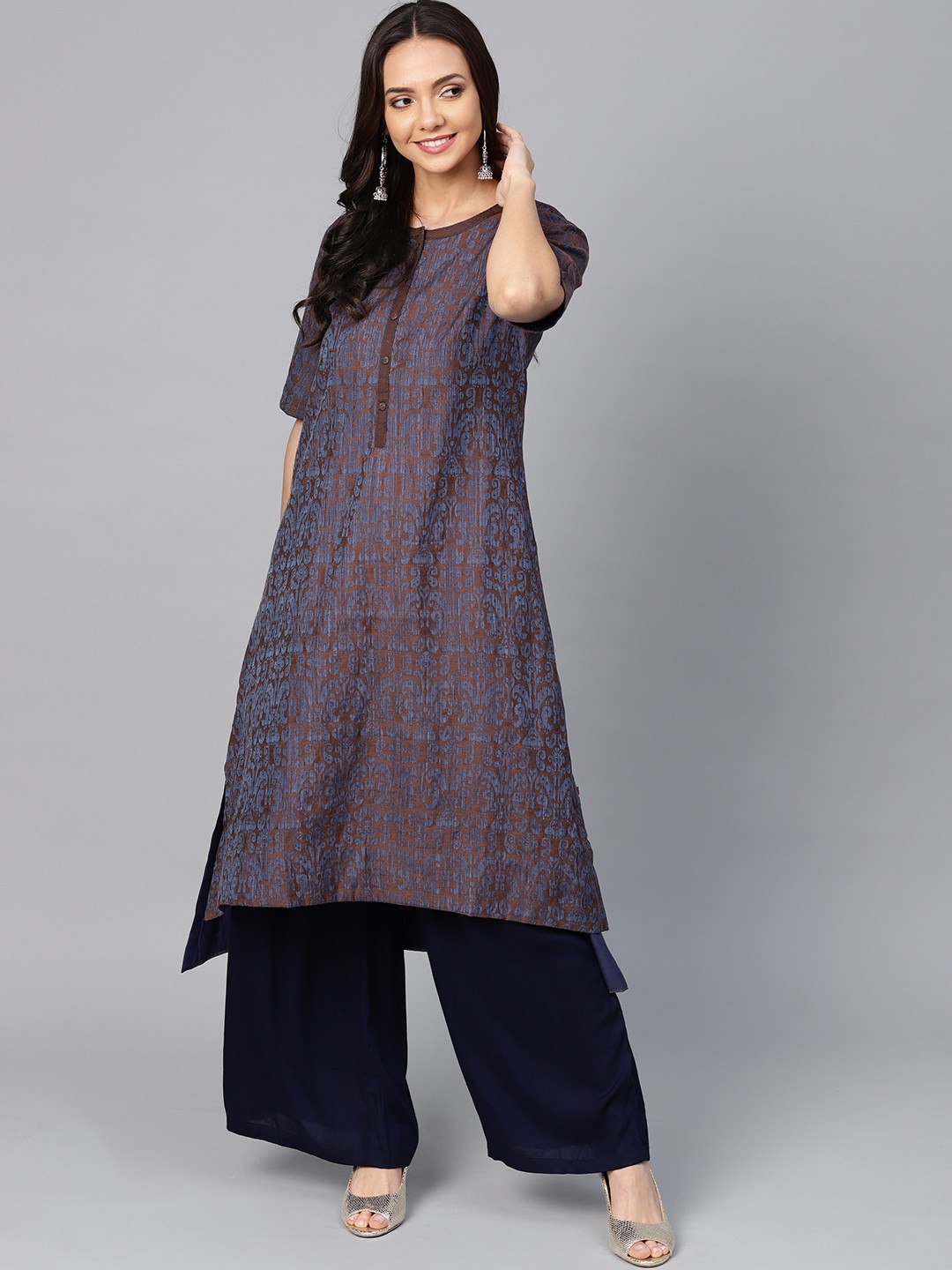 

Biba Women Brown & Navy Blue Woven Design A-Line Kurta