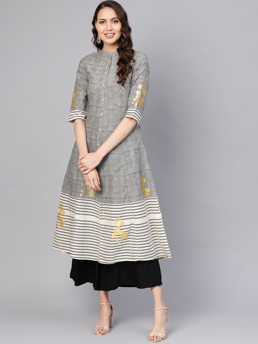 

Biba Women Black & Off-White Printed A-Line Kurta