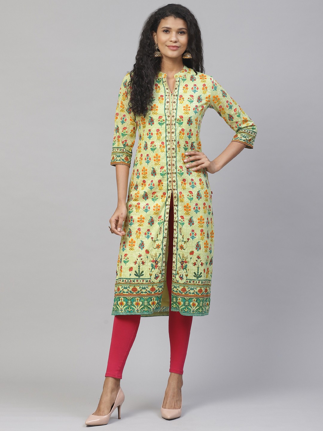 

Biba Women Sea Green & Red Printed Straight Kurta