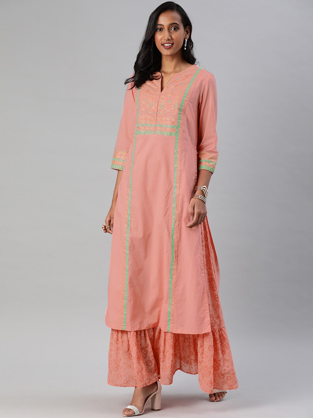 

Biba Women Peach-Coloured Printed A-Line Layered Kurta