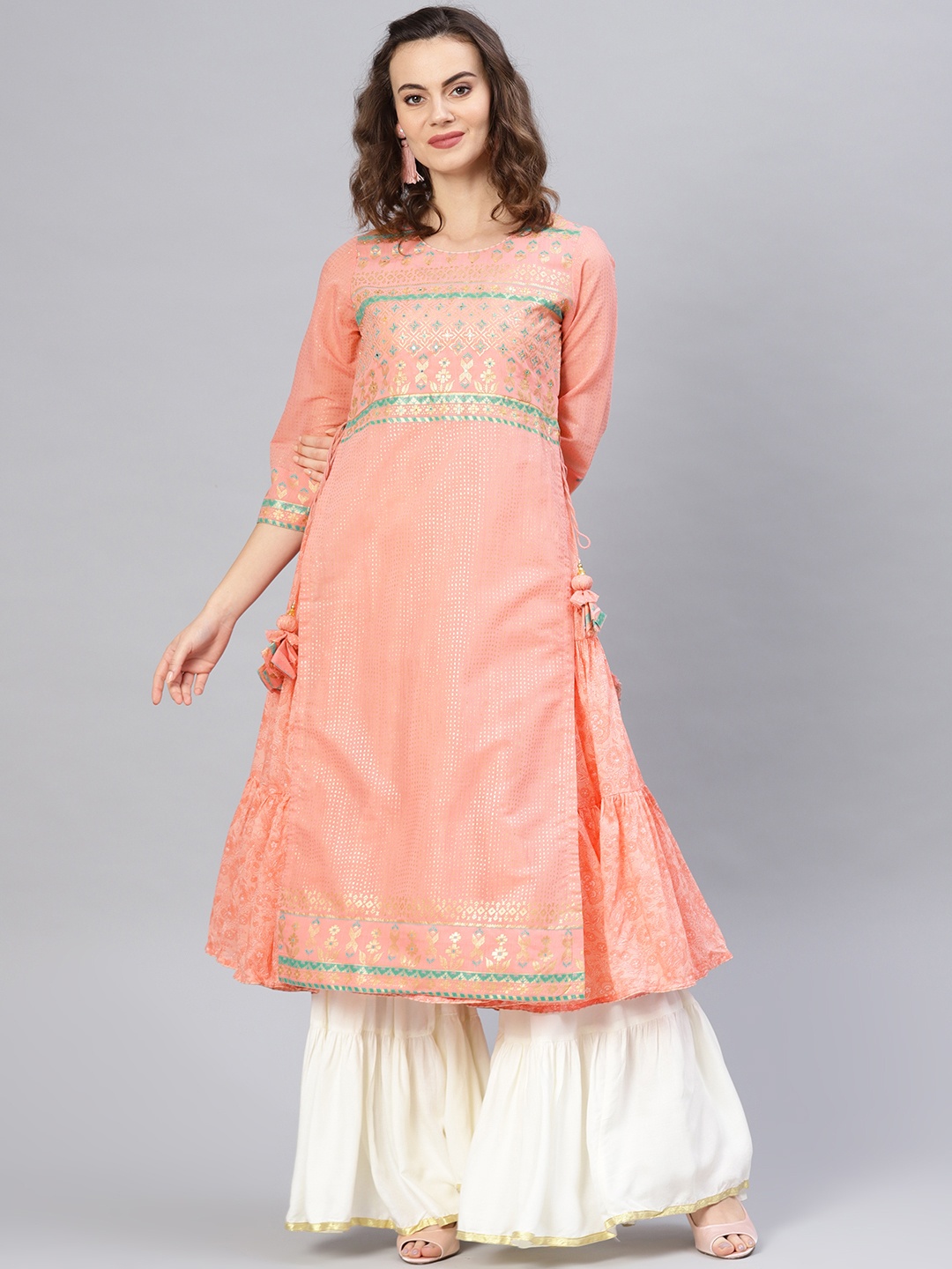 

Biba Women Peach-Coloured & Golden Printed Tiered Layered A-Line Kurta