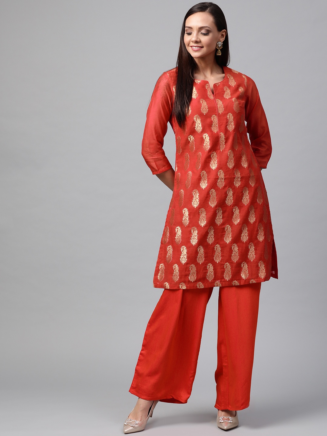 

Biba Women Red & Golden Paisley Woven Design Straight Kurta