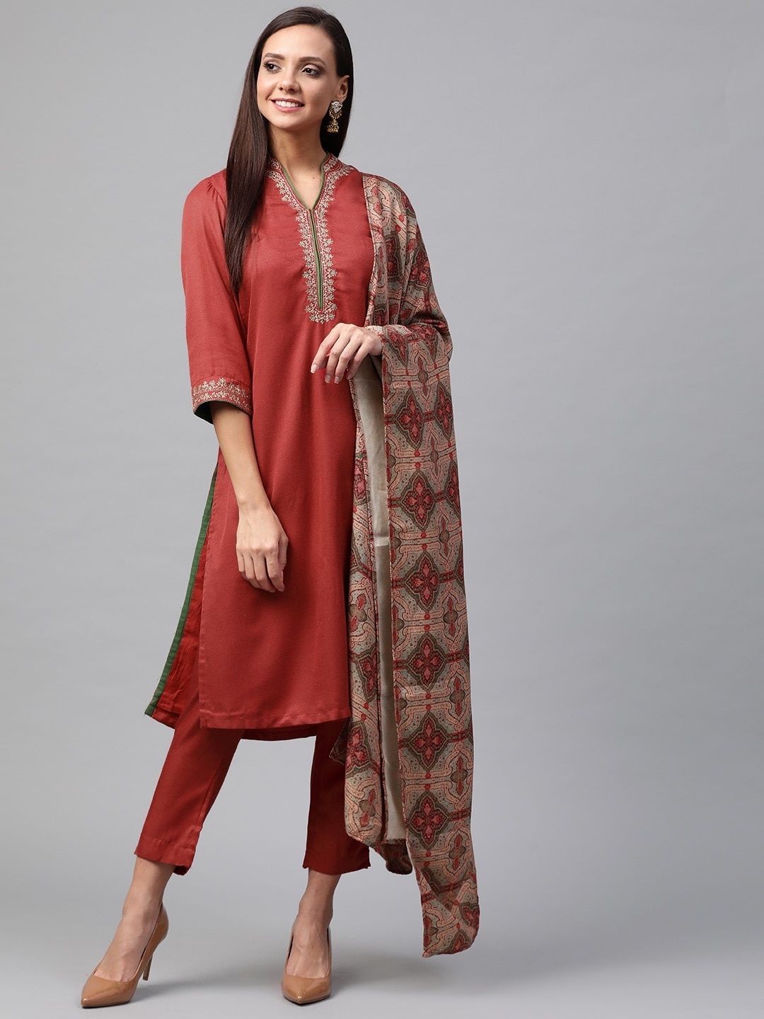 

Biba Women Rust Red & Green Embroidered Solid Kurta with Cropped Trousers & Dupatta