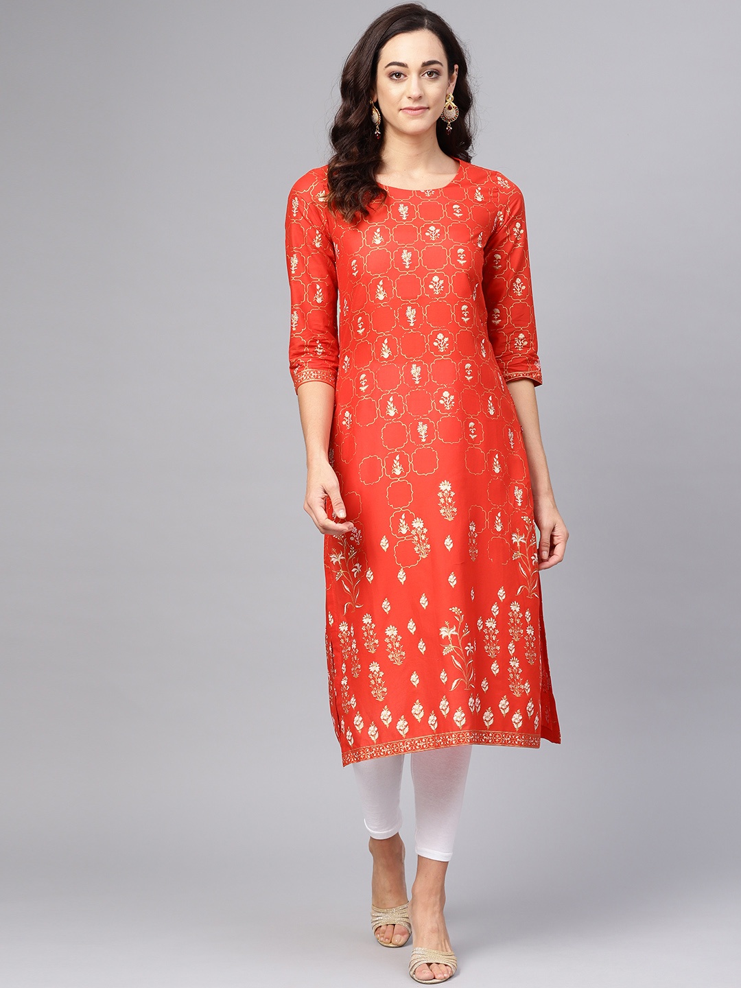 

Biba Women Red & Golden Printed Straight Kurta