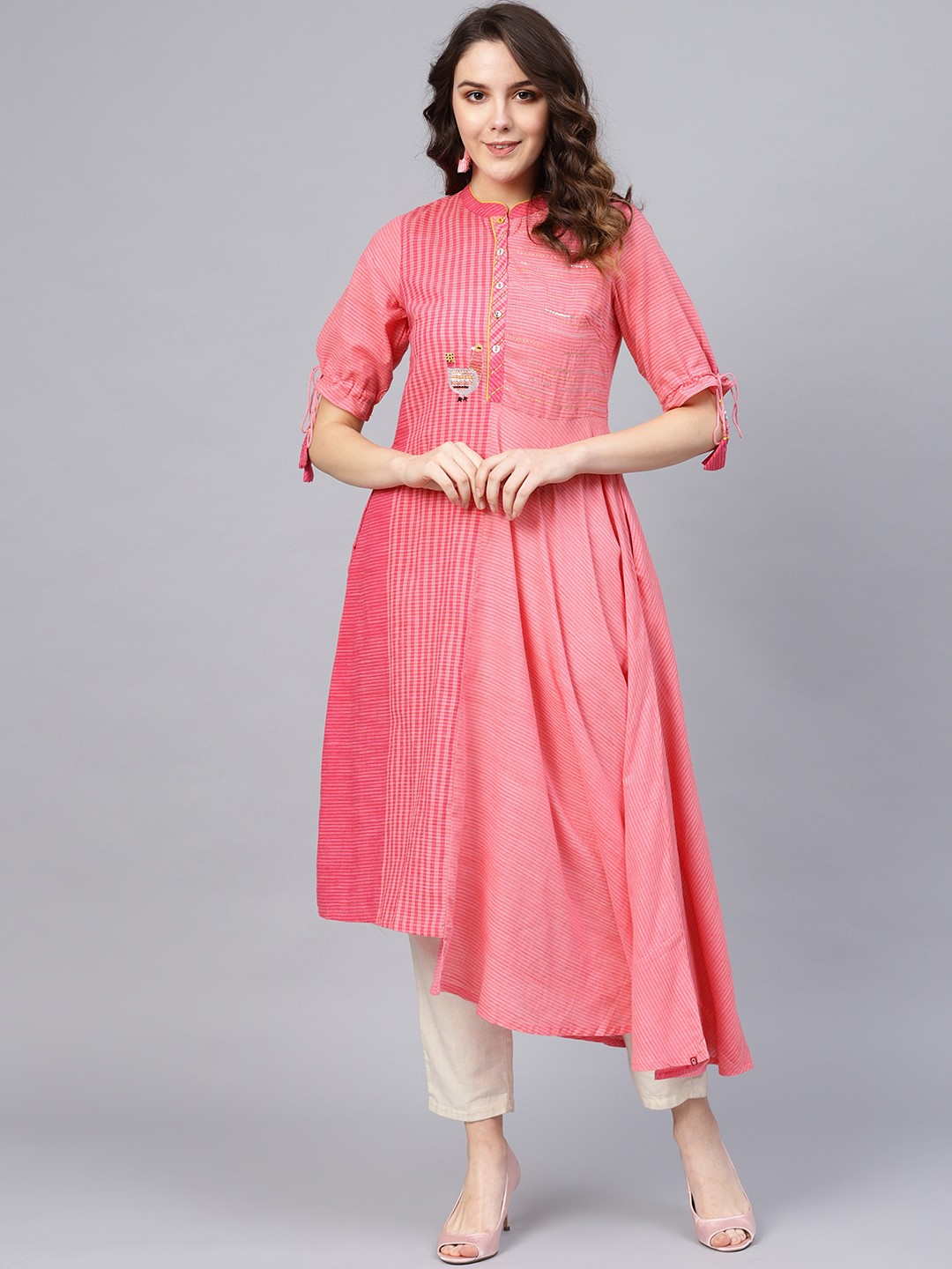 

Biba Women Pink Striped Asymmetric A-Line Kurta