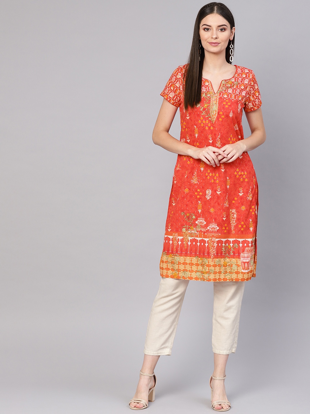 

Biba Women Coral Orange & White Printed Straight Kurta