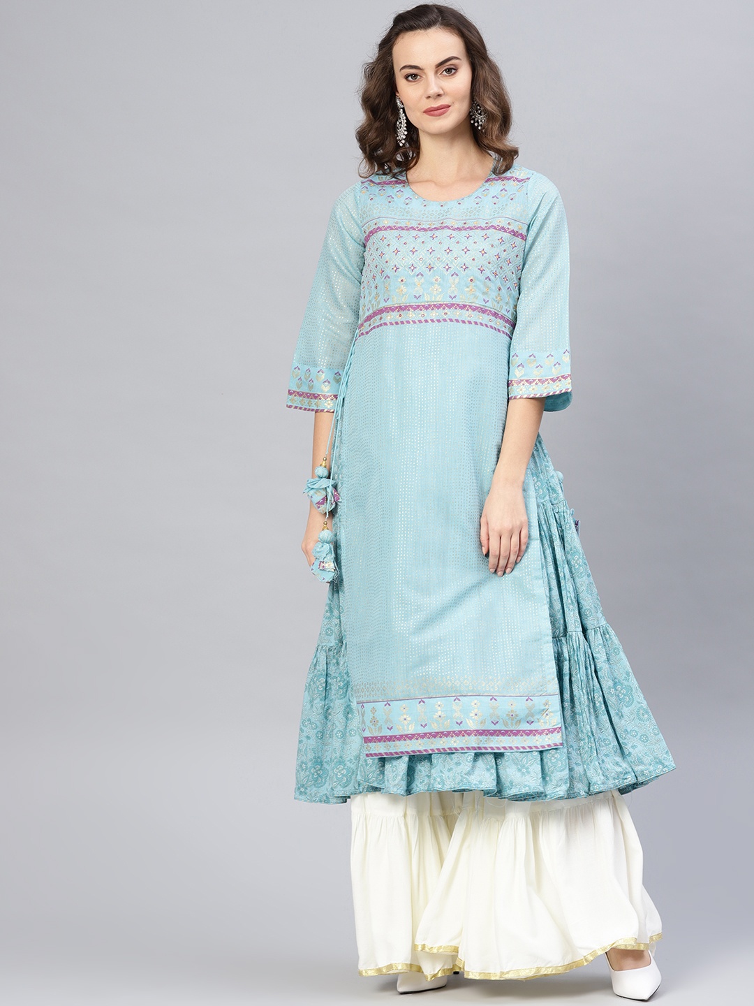 

Biba Women Blue & Golden Printed Tiered Layered A-Line Kurta