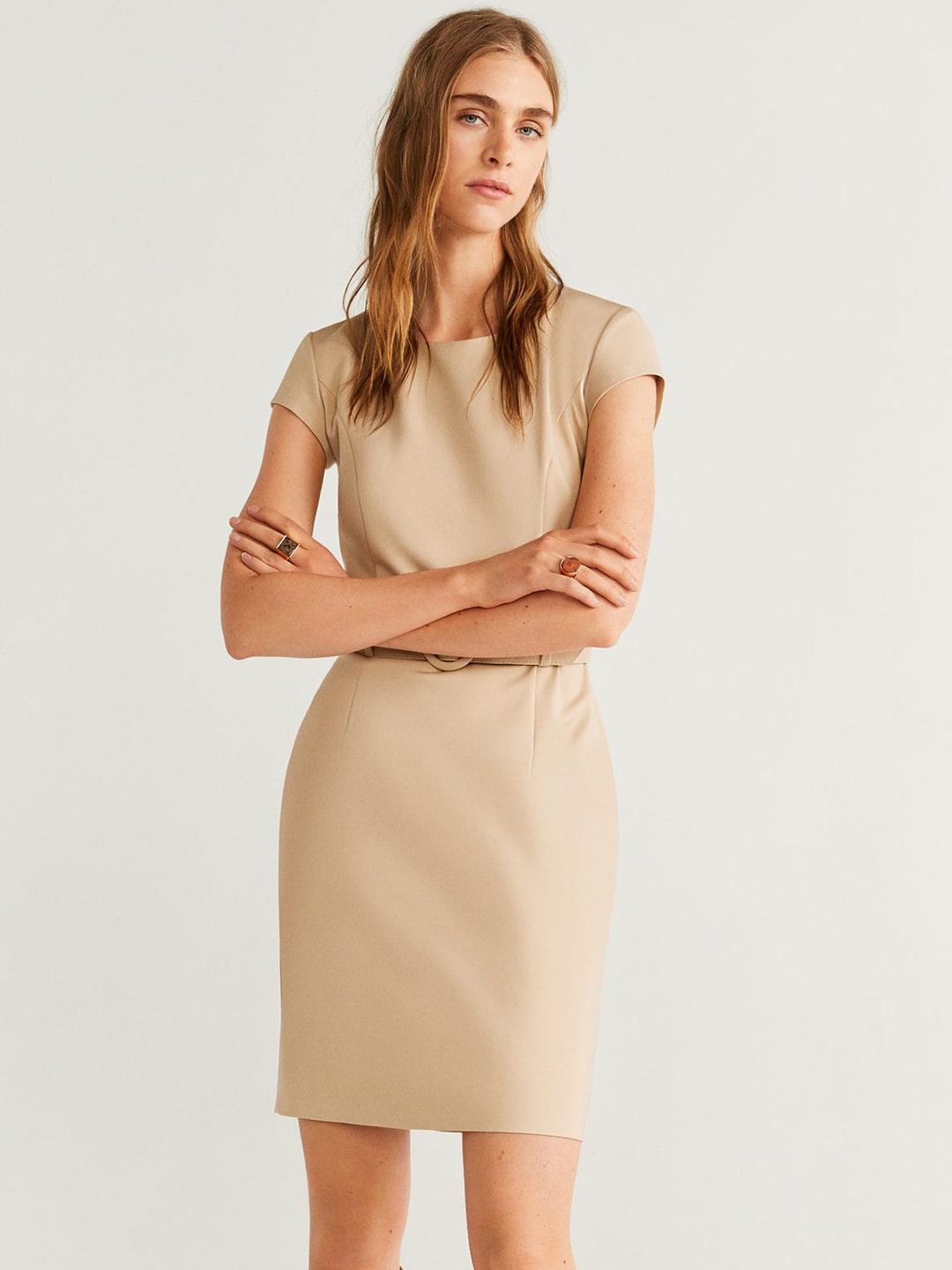 

MANGO Women Beige Solid Sheath Dress