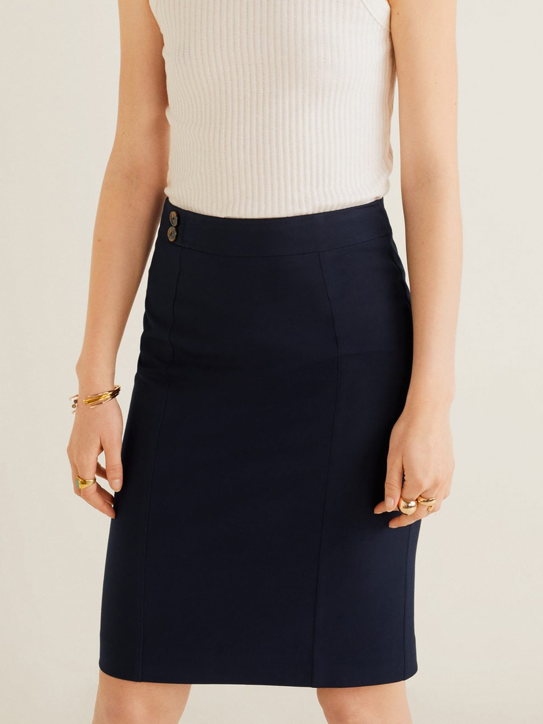 

MANGO Women Navy Blue Solid Formal Straight Skirt