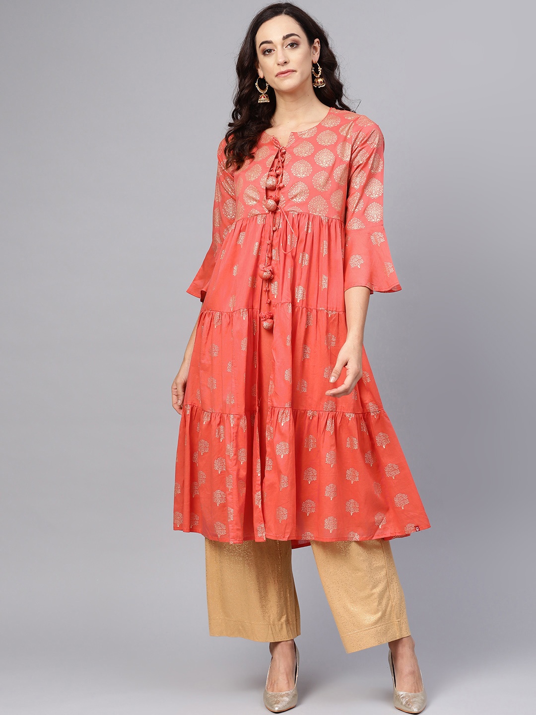 

Biba Women Coral Pink & Golden Printed Tiered A-Line Layered Kurta