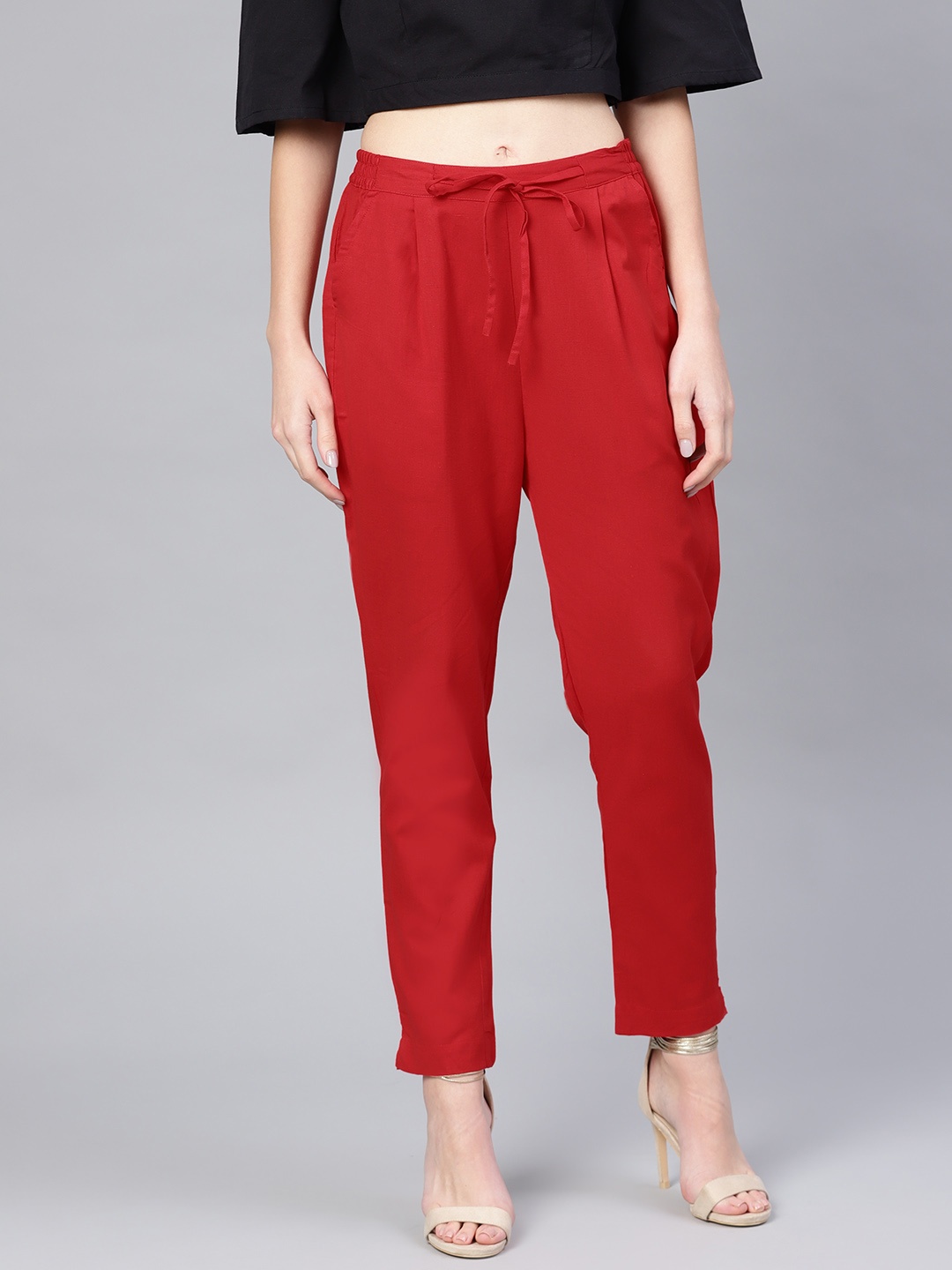 

Myshka Women Red Slim Fit Solid Regular Trousers