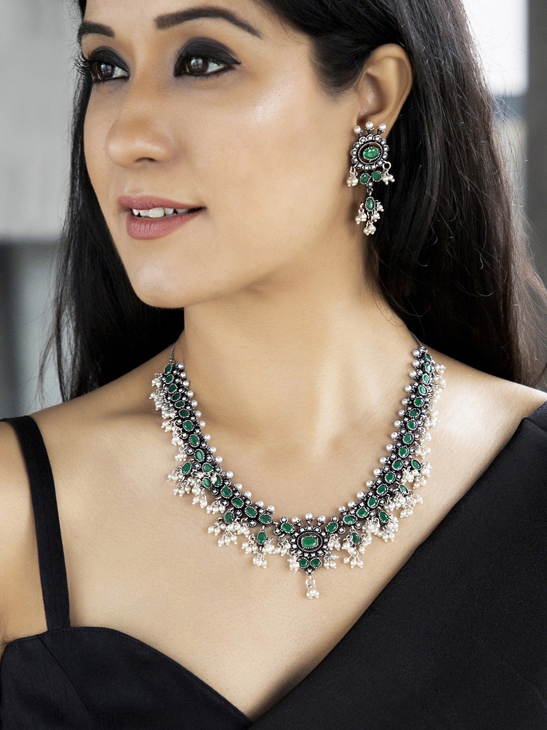 

Rubans Oxidised Silver-Toned & Green Pearl -Studded Handcrafted Jewellery Set