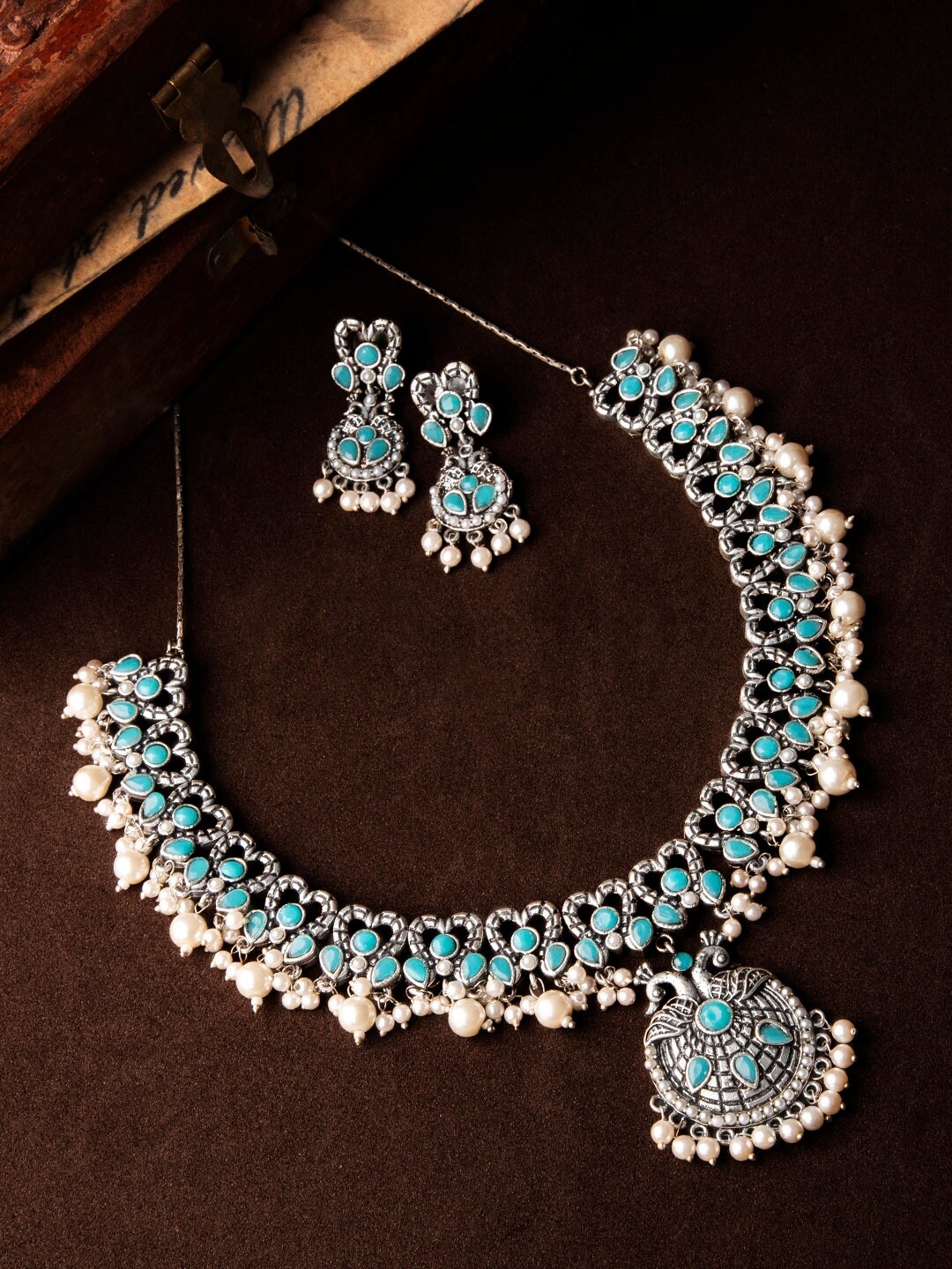 

Rubans Women Oxidised Silver-Toned, Blue & White Stone & Pearl Embellished Handcrafted Jewellery Set