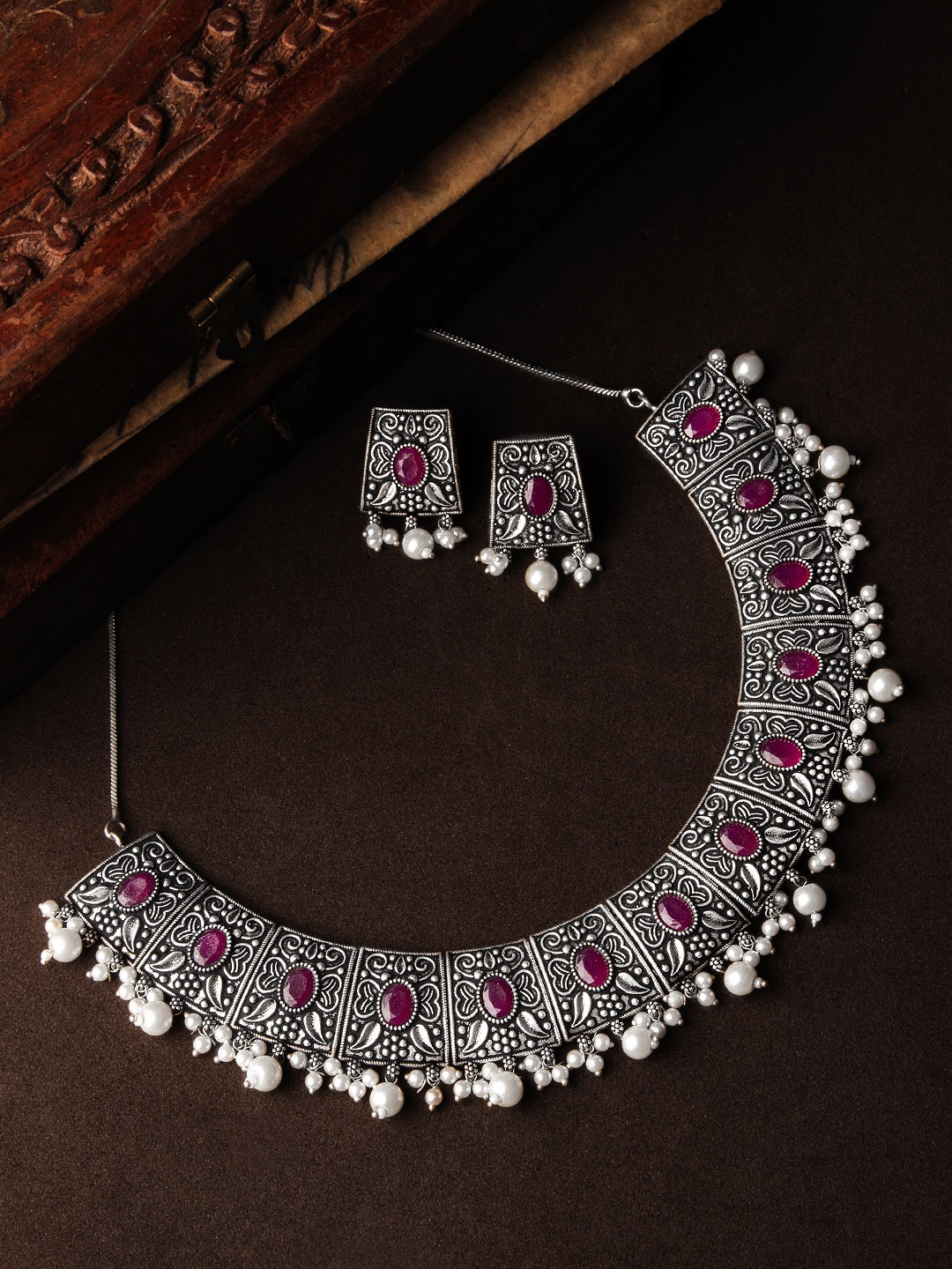 

Rubans Women Oxidised Silver-Toned & Pink Stone & Pearl Embellished Handcrafted Jewellery Set