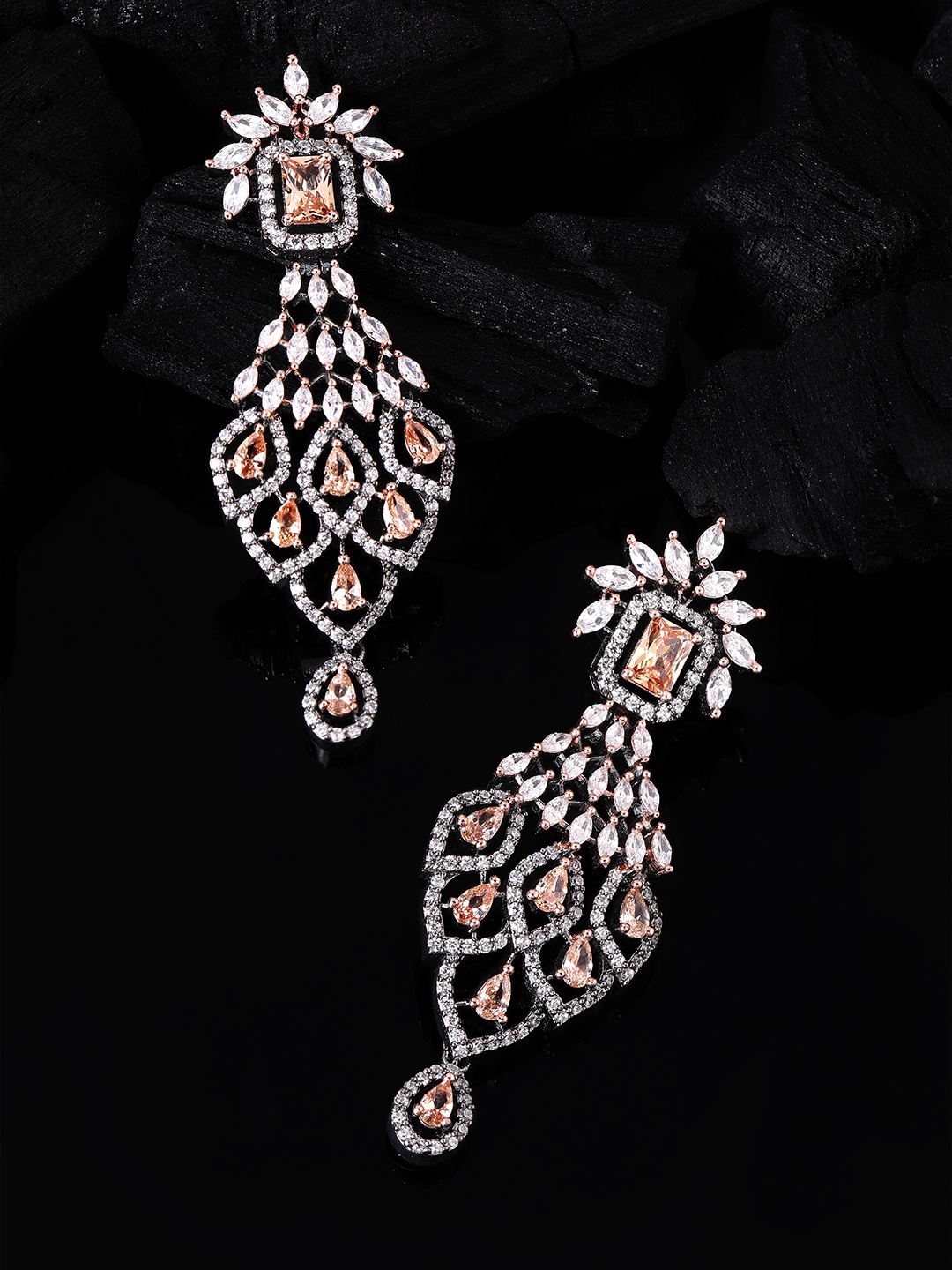 

Rubans Silver-Toned & Peach-Coloured Zircon Stone Studded Handcrafted Drop Earrings