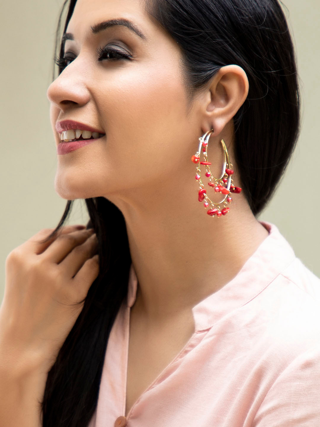 

Rubans Gold-Toned & Red Beaded Handcrafted Crescent Shaped Half Hoop Earrings