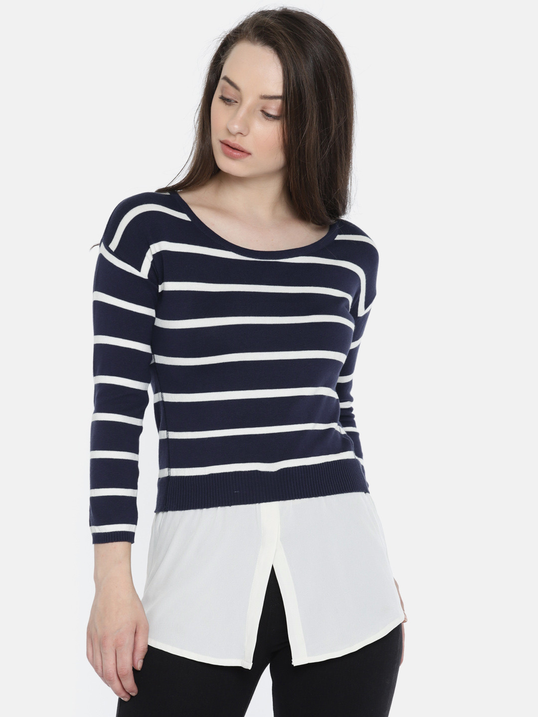 

Wills Lifestyle Navy & Off-White Striped Top, Navy blue