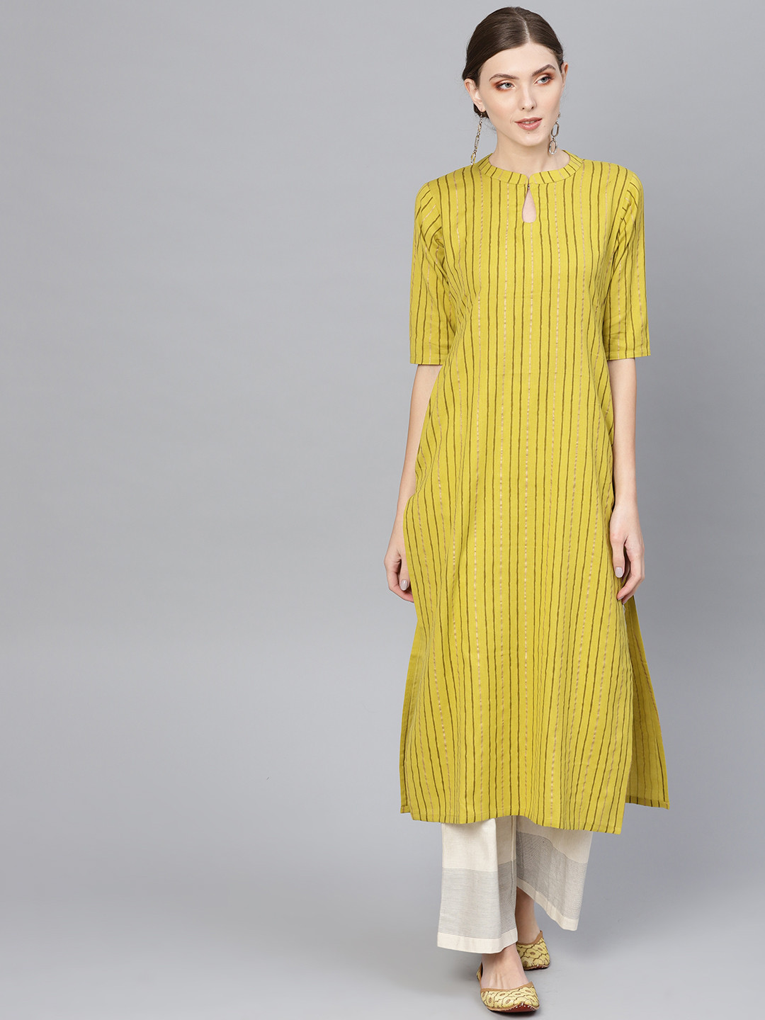

Libas Women Green & Brown Striped Straight Kurta
