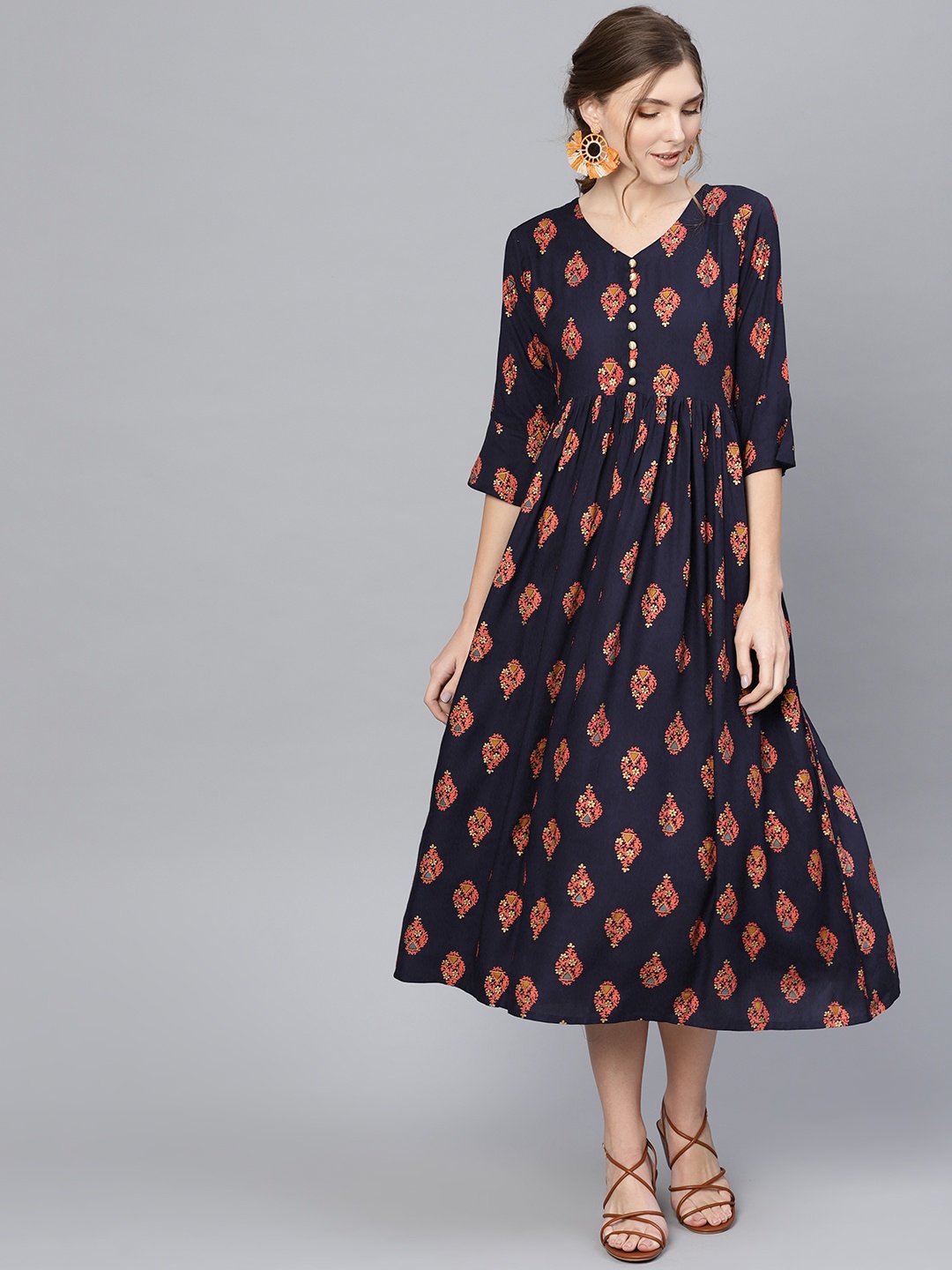 

Libas Women Navy Blue & Orange Printed A-Line Dress