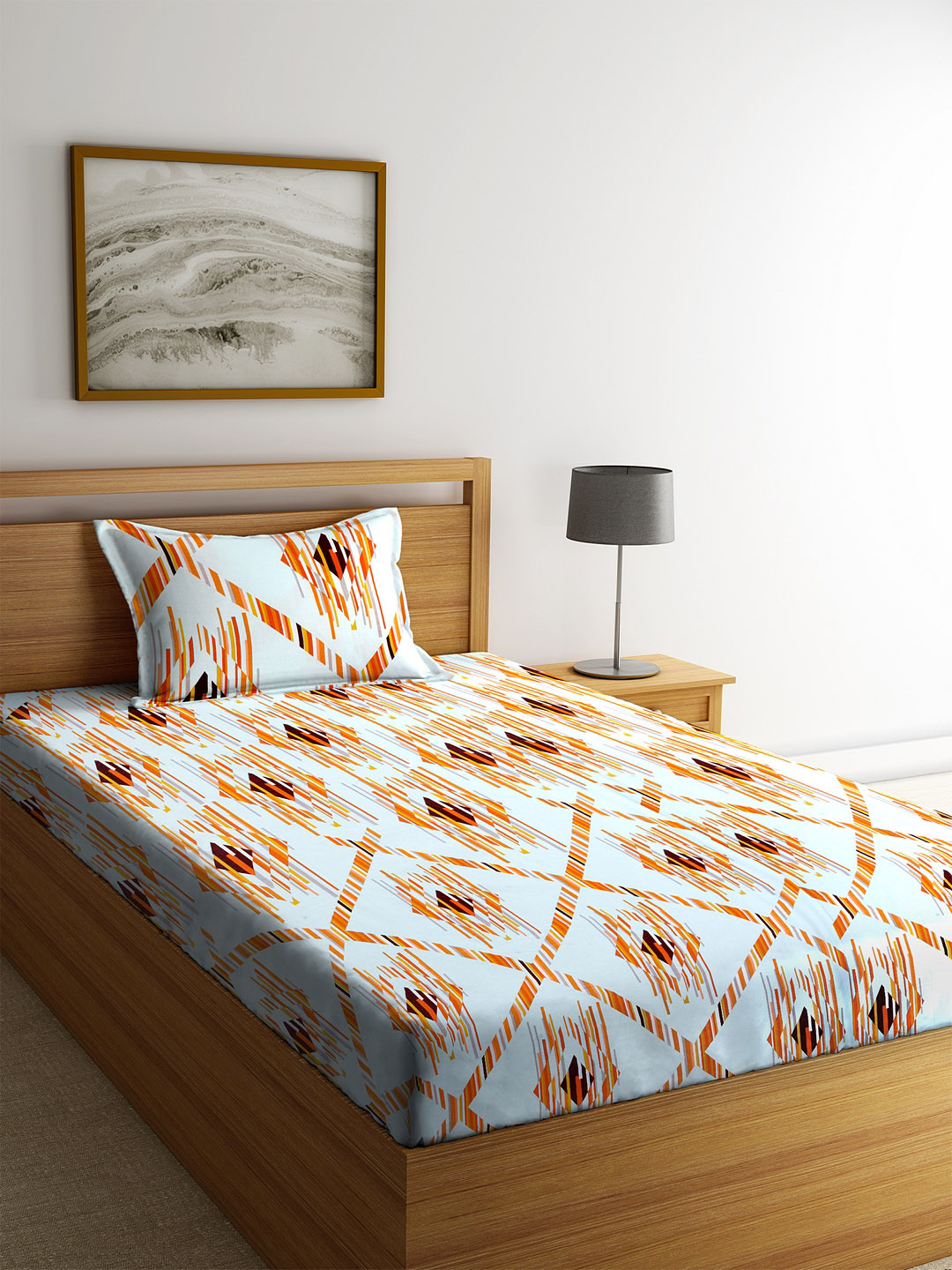 

SPACES Blue & Orange Geometric 144 TC Cotton 1 Single Bedsheet with 1 Pillow Cover