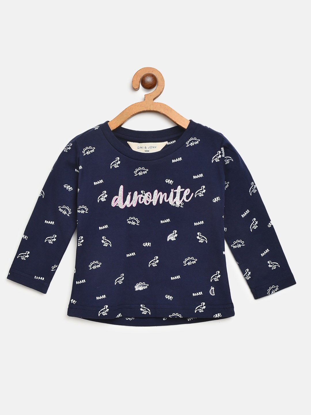 

Gini and Jony Girls Navy Blue White Printed Round Neck Pure Cotton T-shirt