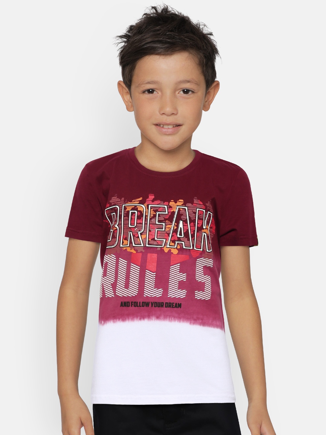 

Gini and Jony Boys Burgundy & White Printed Round Neck T-shirt