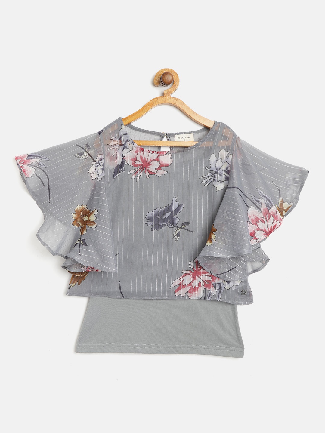 

Gini and Jony Girls Grey Printed Semi Sheer Layered Crop Top with Camisole