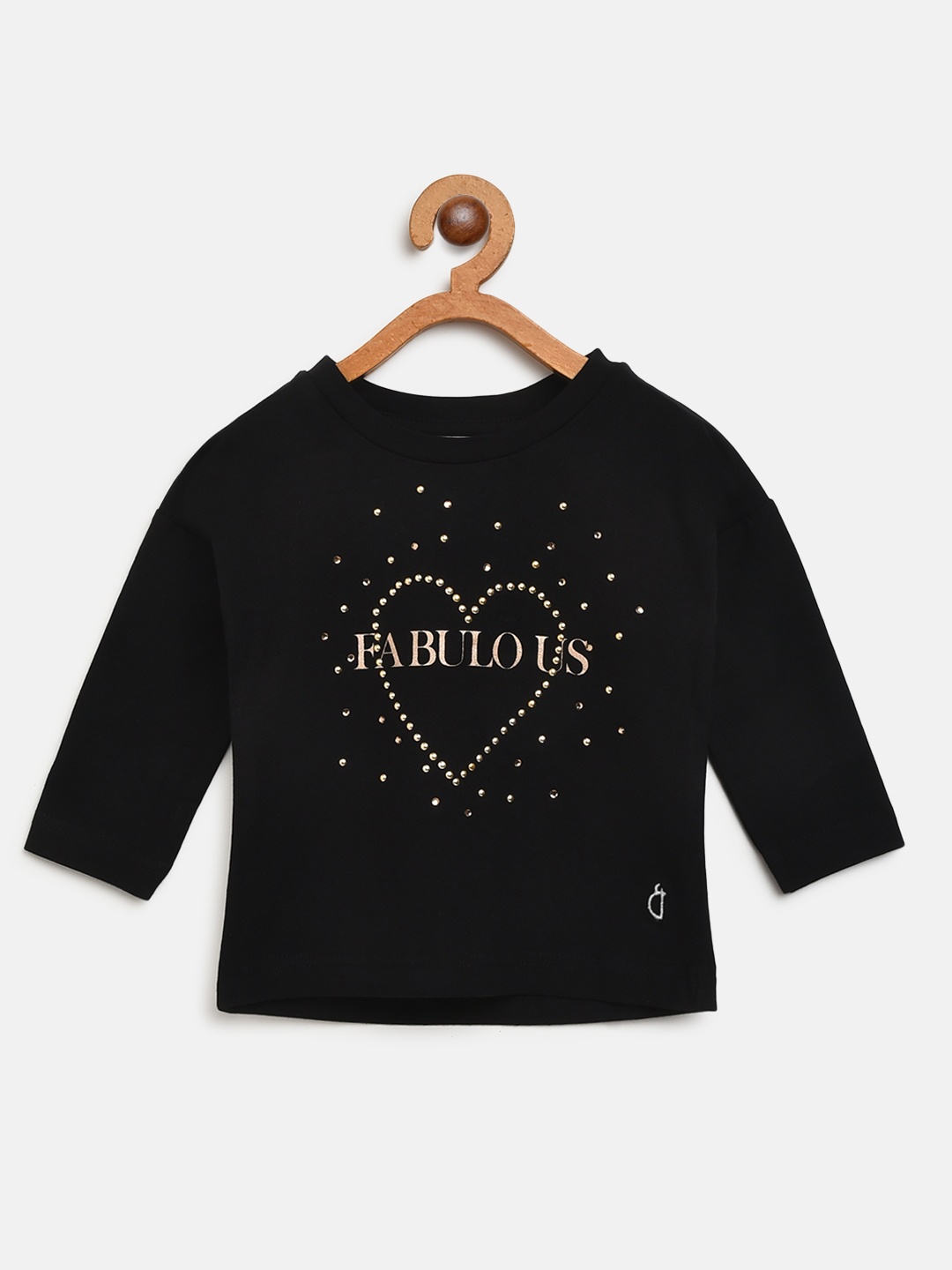 

Gini and Jony Girls Black & Golden Printed Round Neck T-shirt with Studded Detail