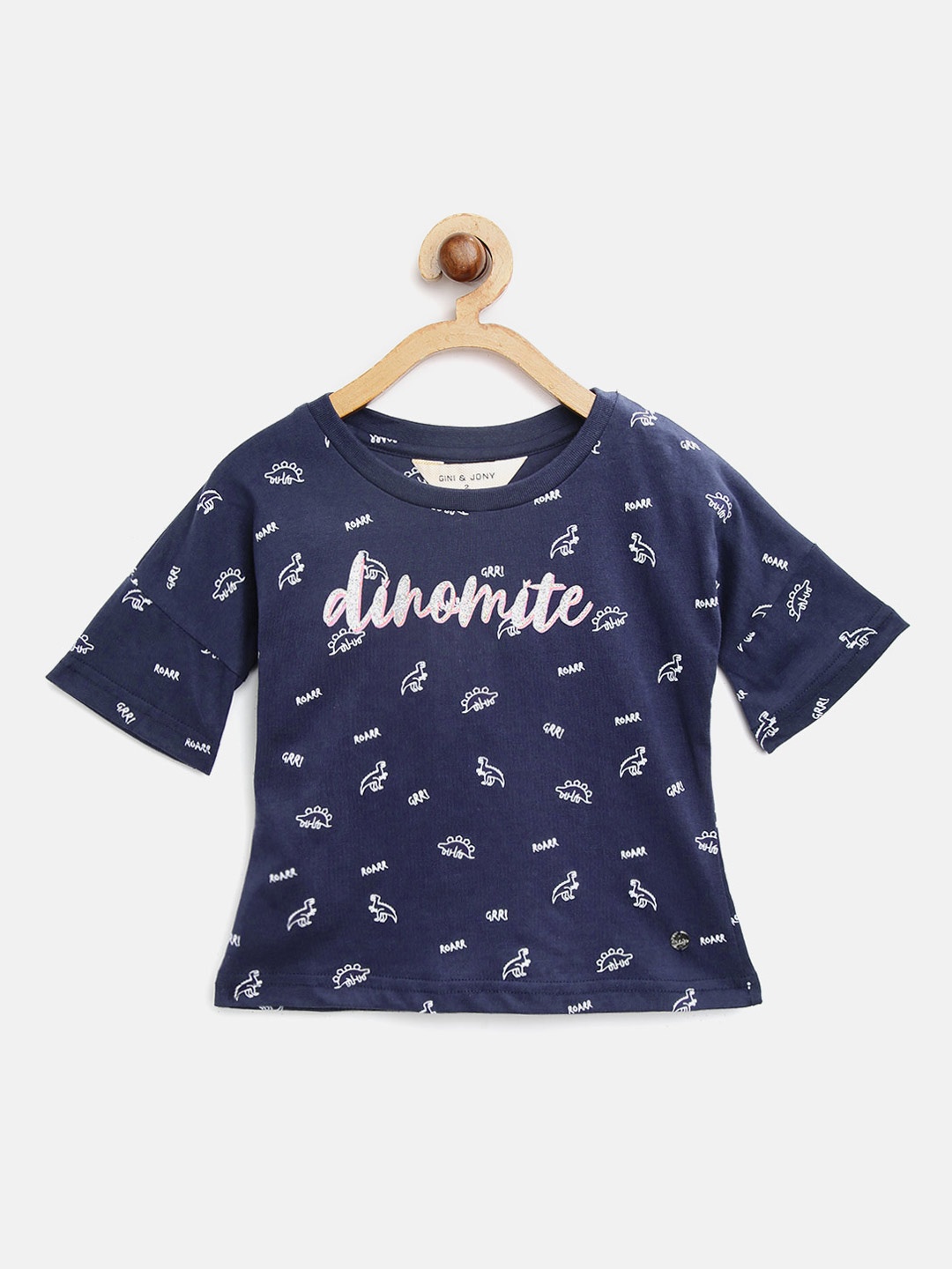 

Gini and Jony Girls Navy Blue & White Printed Round Neck Cotton T-shirt