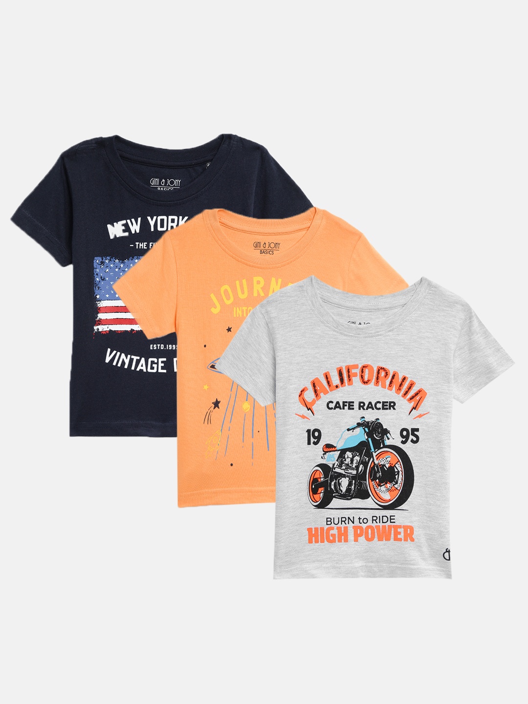 

Gini Jony Boys Pack Of 3 Printed Pure Cotton T-shirts, Navy blue