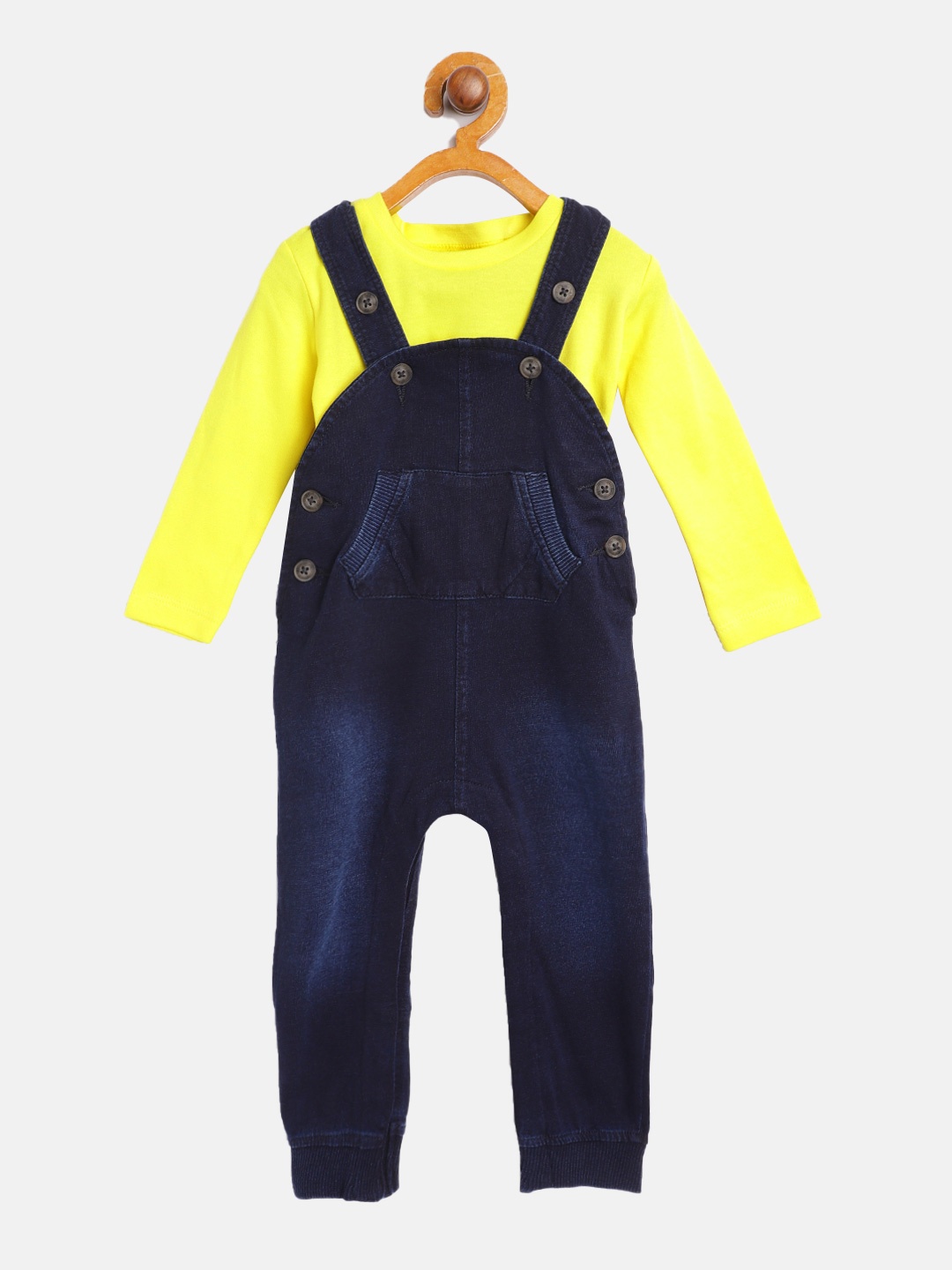 

Gini and Jony Infant Kids Yellow & Navy Blue Solid T-shirt with Washed Dungarees