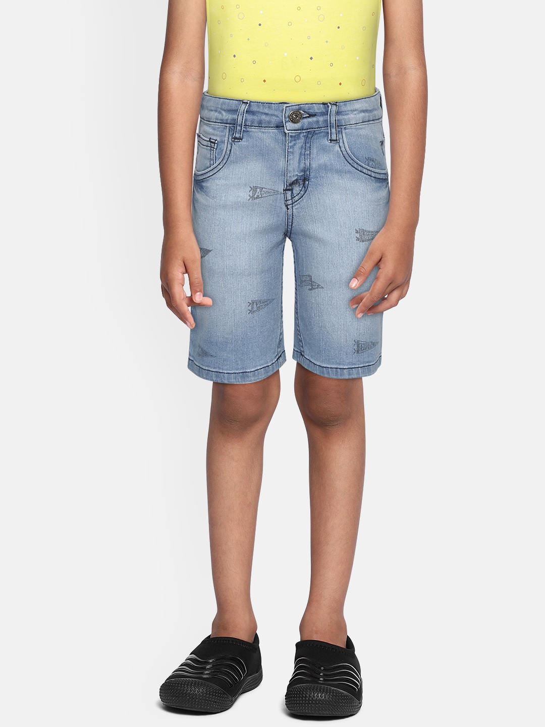 

Palm Tree Boys Blue Washed Classic Fit Denim Shorts with Printed Detail