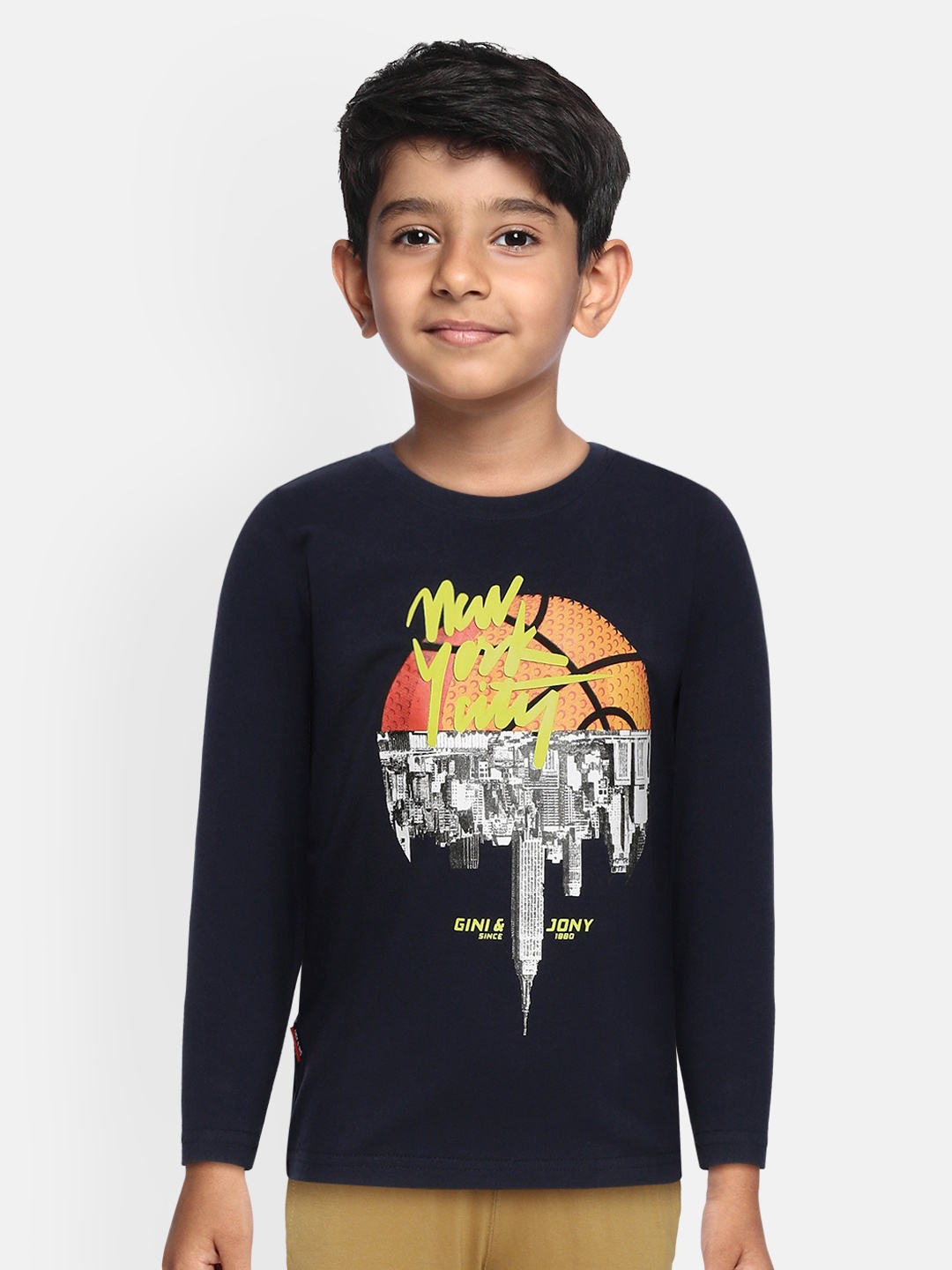 

Gini and Jony Boys Navy Blue New York Printed Round Neck T-shirt
