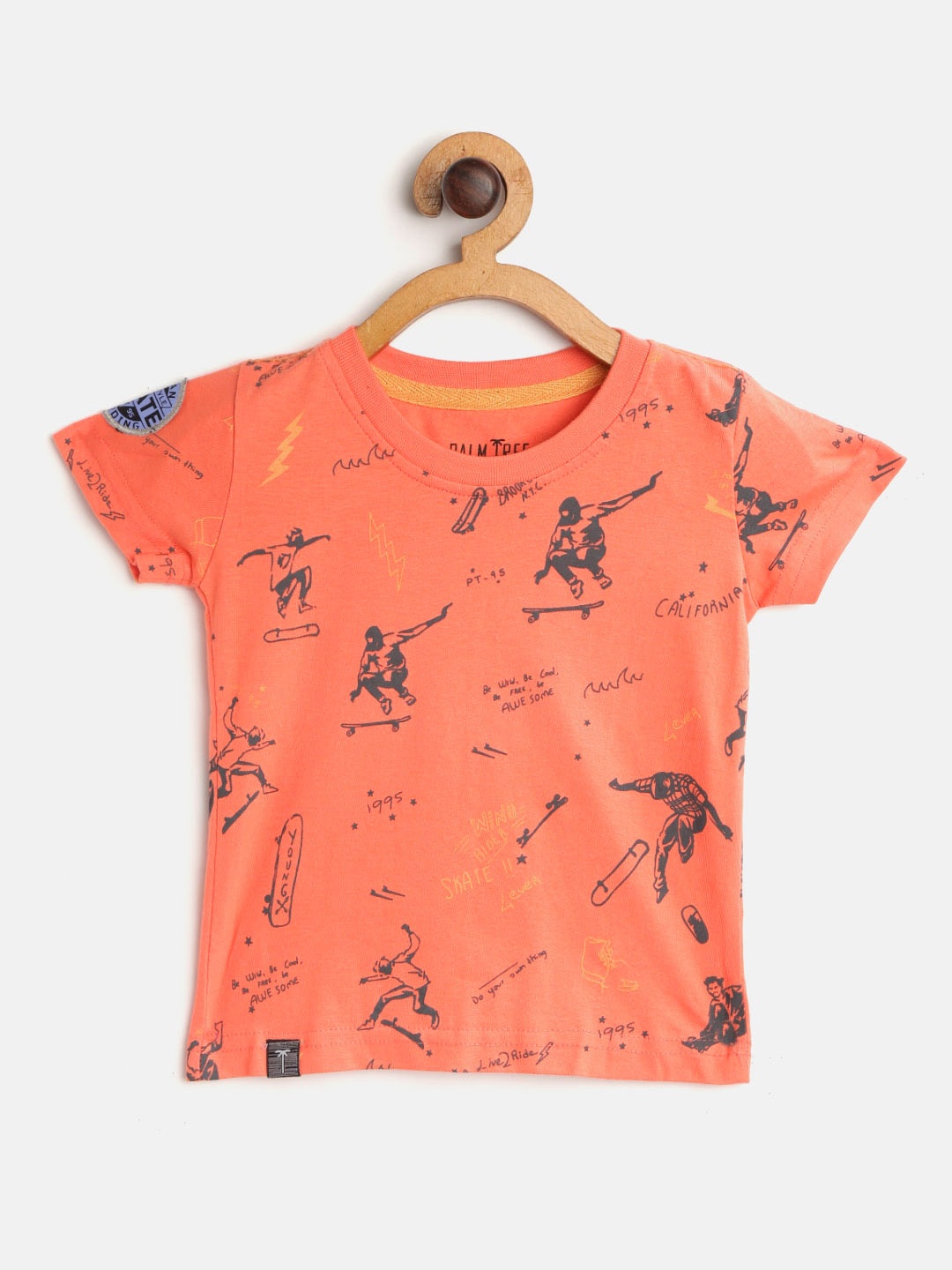 

Palm Tree Infant Boys Coral Orange Skateboarding Print Round Neck Pure Cotton T-shirt