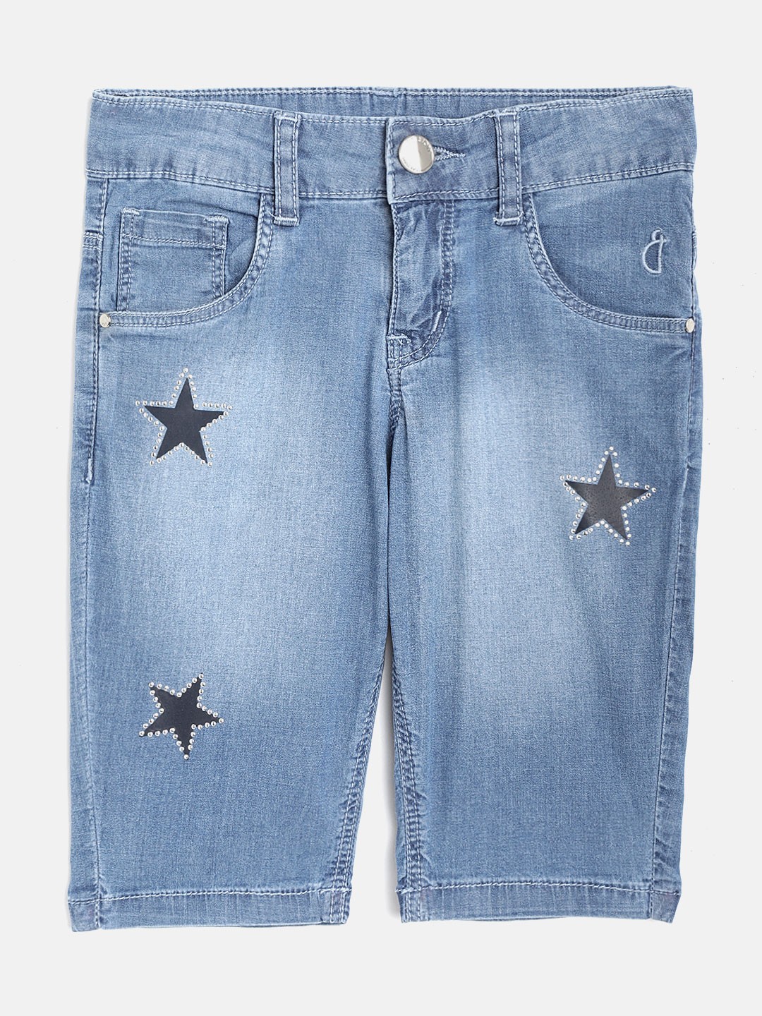 

Gini and Jony Girls Blue Printed Faded Denim Capris